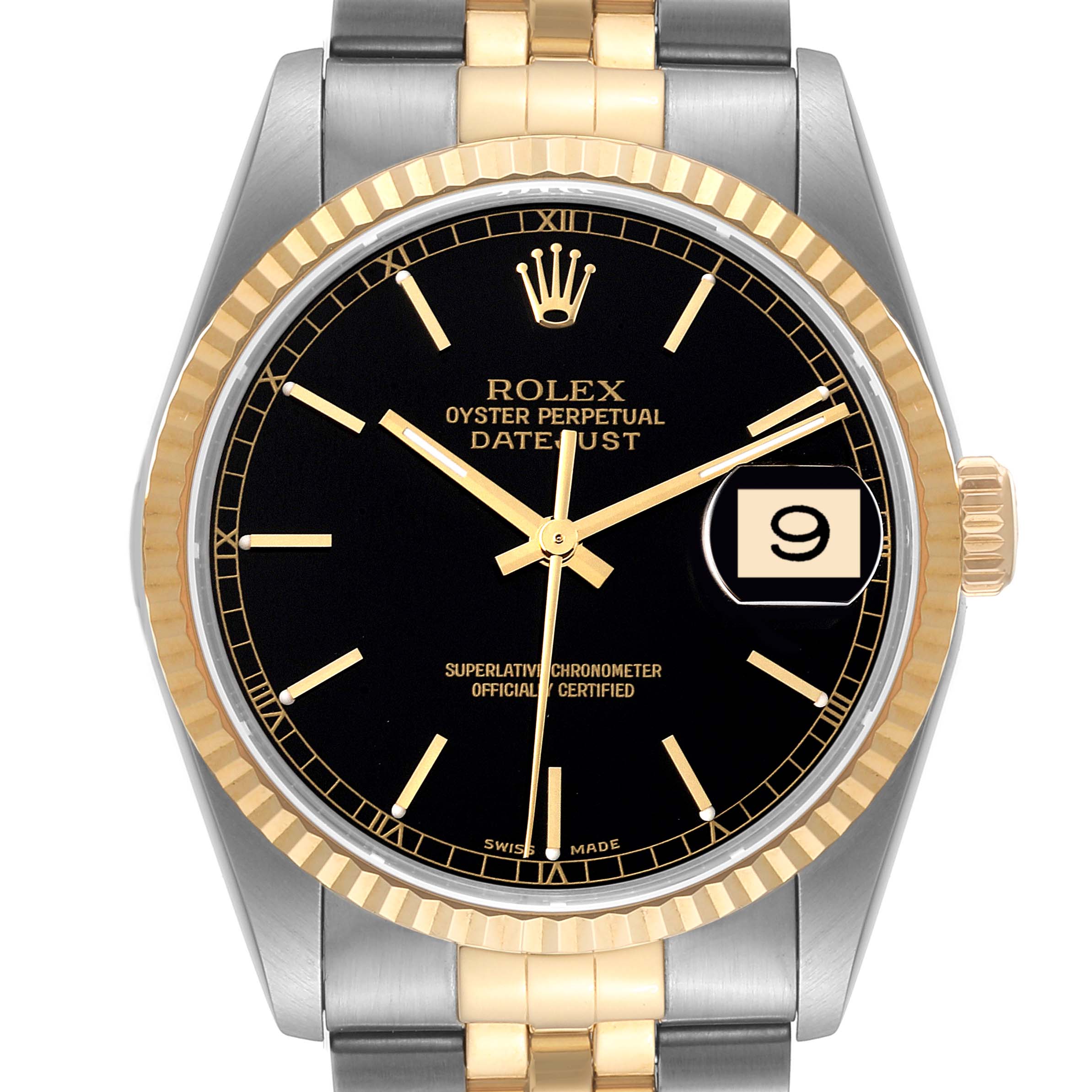 The image shows a front view of a Rolex Datejust 16233 Men's Steel and Gold (two tone) Black Dial 16233 Men's Steel and Gold (two tone) Black Dial watch, highlighting its black dial, gold fluted bezel, and two-tone bracelet.