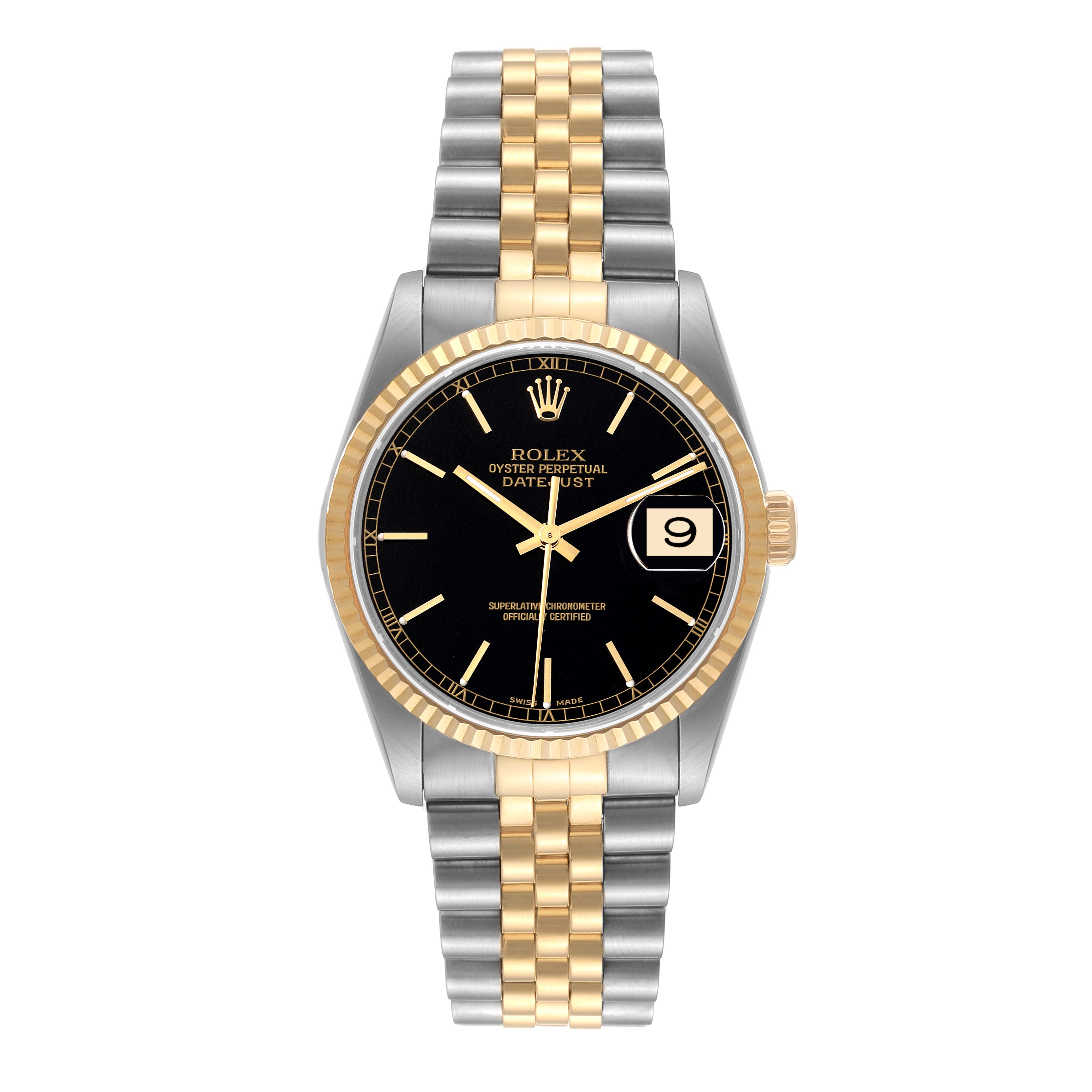 This image shows a Rolex Datejust 16233 Men's Steel and Gold (two tone) Black Dial 16233 Men's Steel and Gold (two tone) Black Dial watch, viewed from the front, featuring a two-tone bracelet, black dial, and date display.