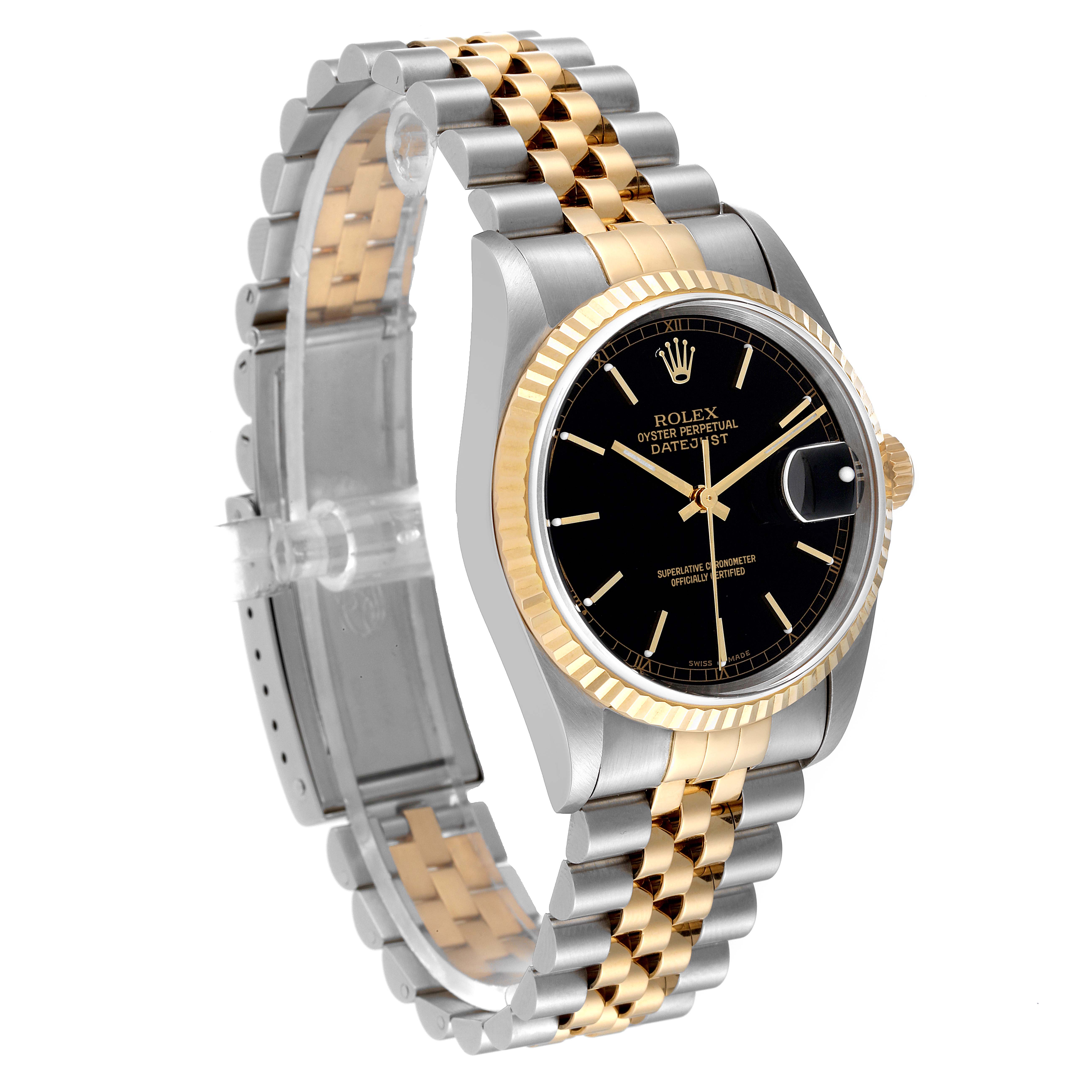 This image shows a Rolex Datejust 16233 Men's Steel and Gold (two tone) Black Dial 16233 Men's Steel and Gold (two tone) Black Dial watch at a slight angle, highlighting its black dial, fluted bezel, and two-tone Jubilee bracelet.