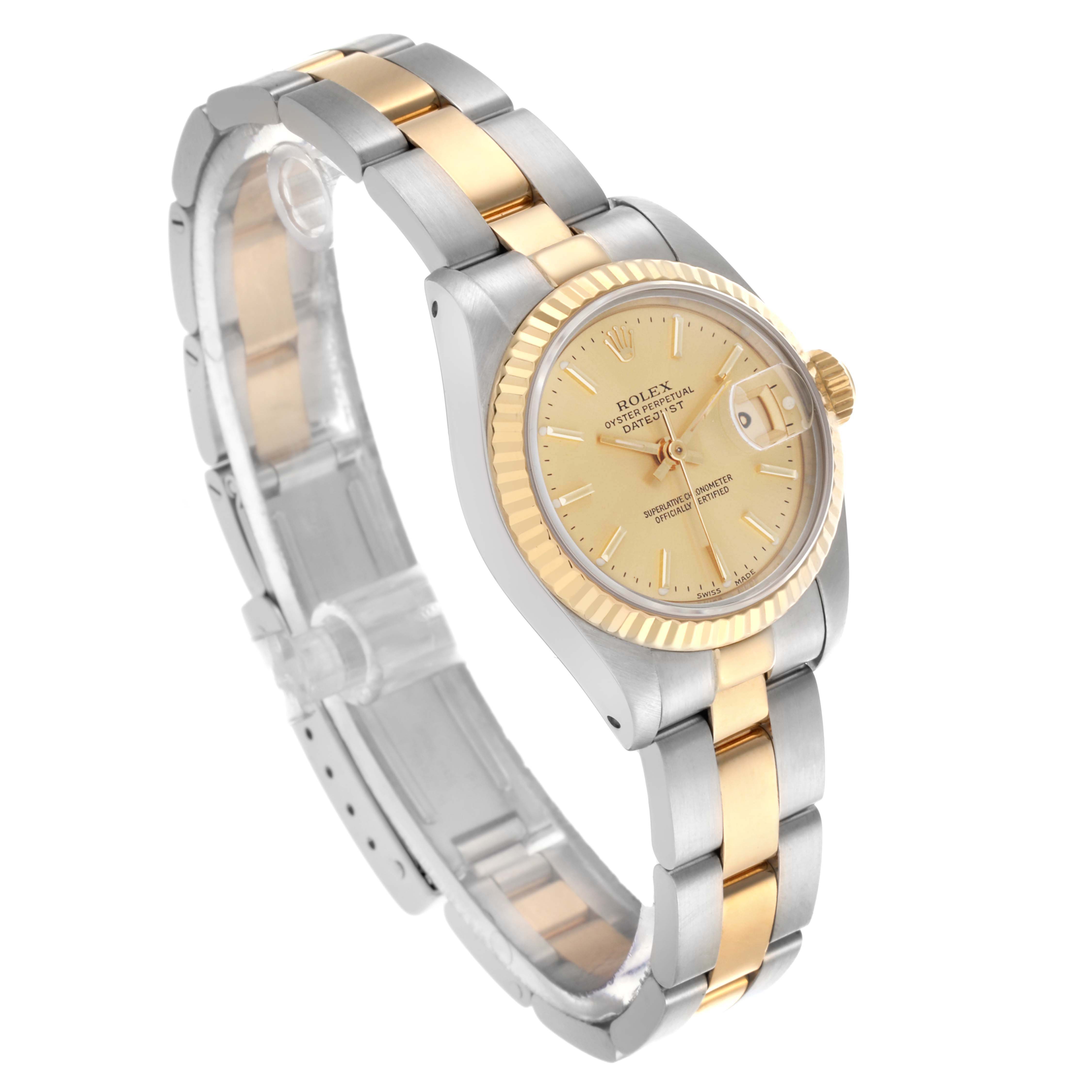 The Rolex Datejust 69173 Women's Steel and Gold (two tone) Champagne Dial 69173 Women's Steel and Gold (two tone) Champagne Dial watch is shown at a three-quarter angle, highlighting the dial, bezel, and two-tone bracelet.