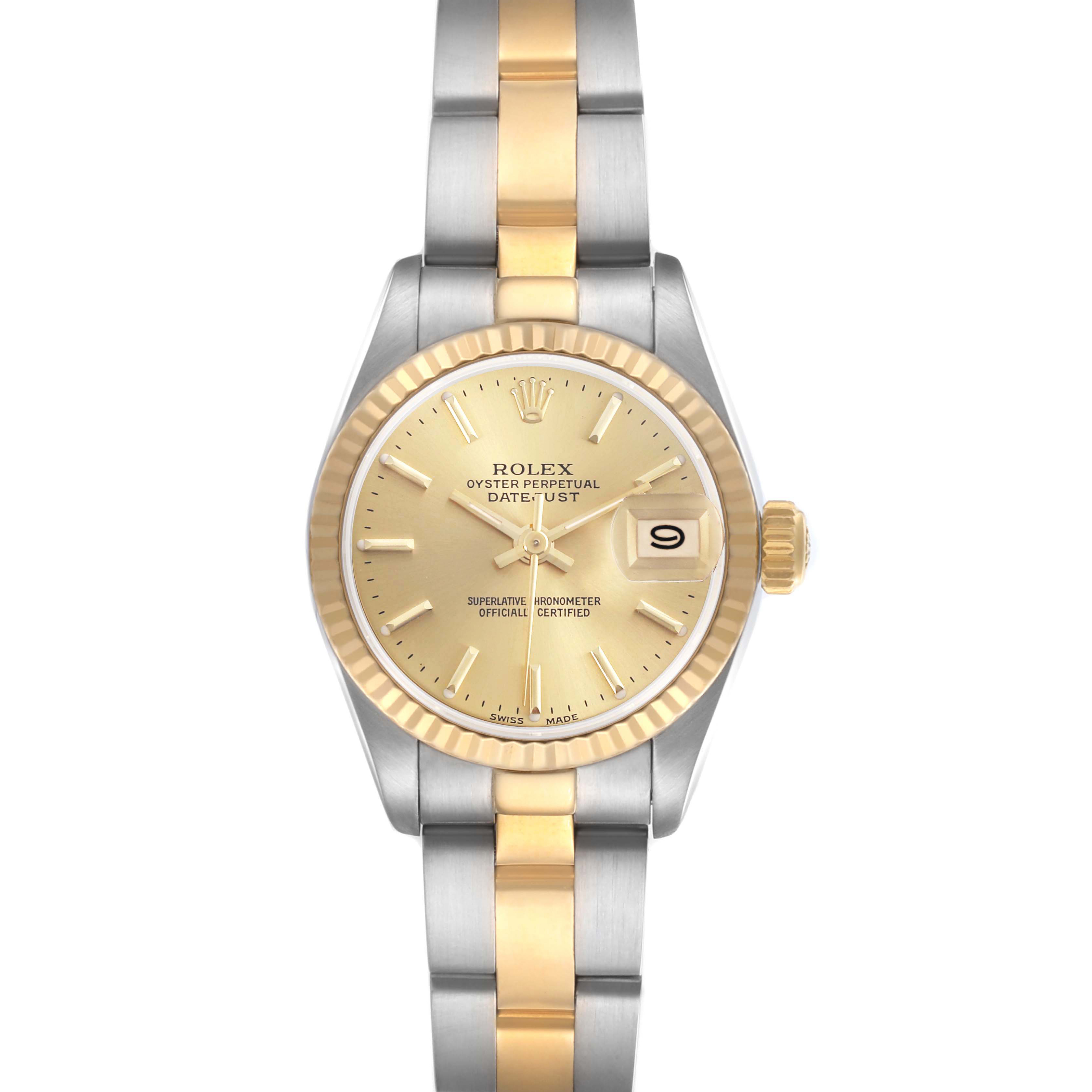The Rolex Datejust 69173 Women's Steel and Gold (two tone) Champagne Dial 69173 Women's Steel and Gold (two tone) Champagne Dial watch is shown from a front angle, displaying the dial, bezel, and two-tone bracelet.