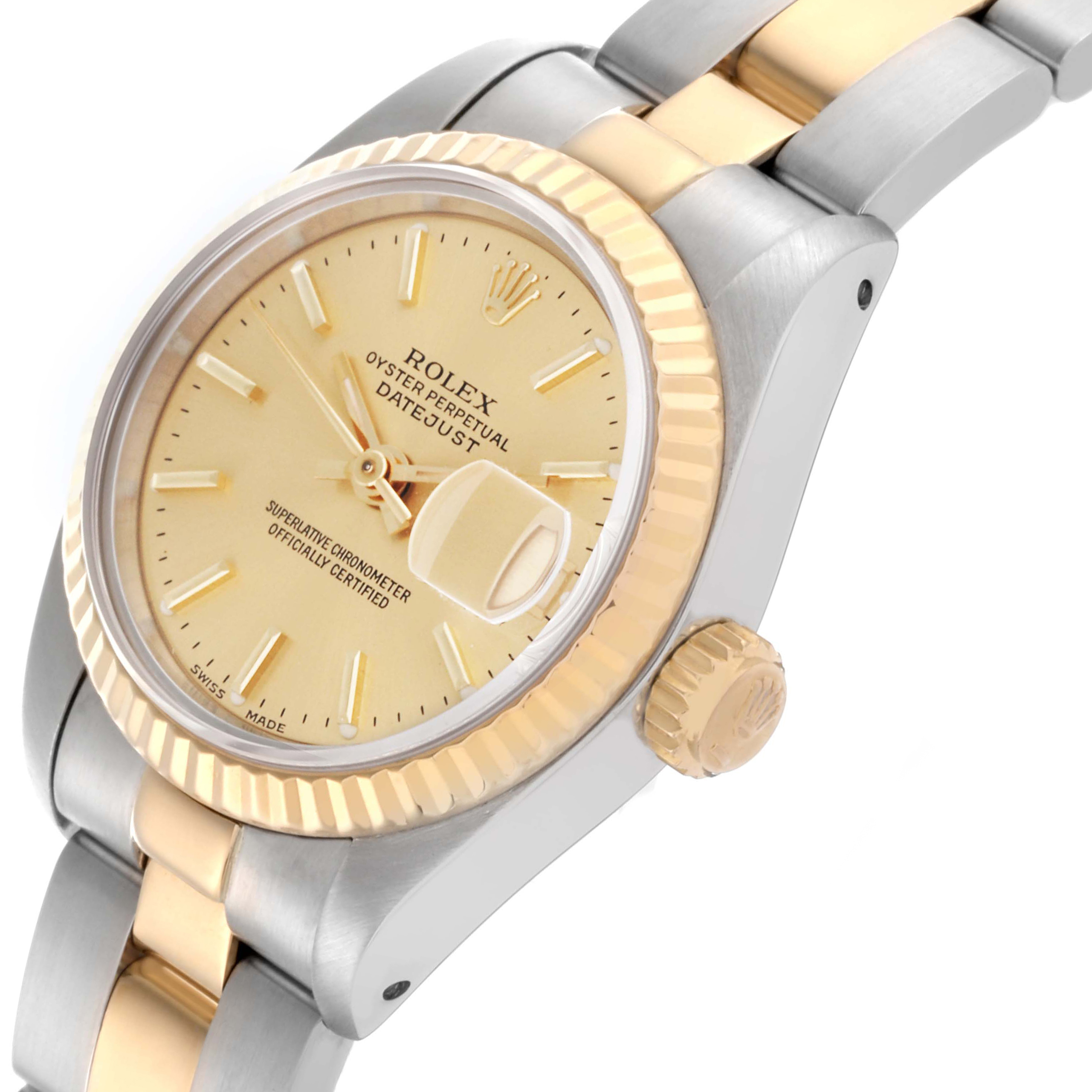The Rolex Datejust 69173 Women's Steel and Gold (two tone) Champagne Dial 69173 Women's Steel and Gold (two tone) Champagne Dial watch is shown at an angled side view, highlighting its dial, fluted bezel, and bracelet.