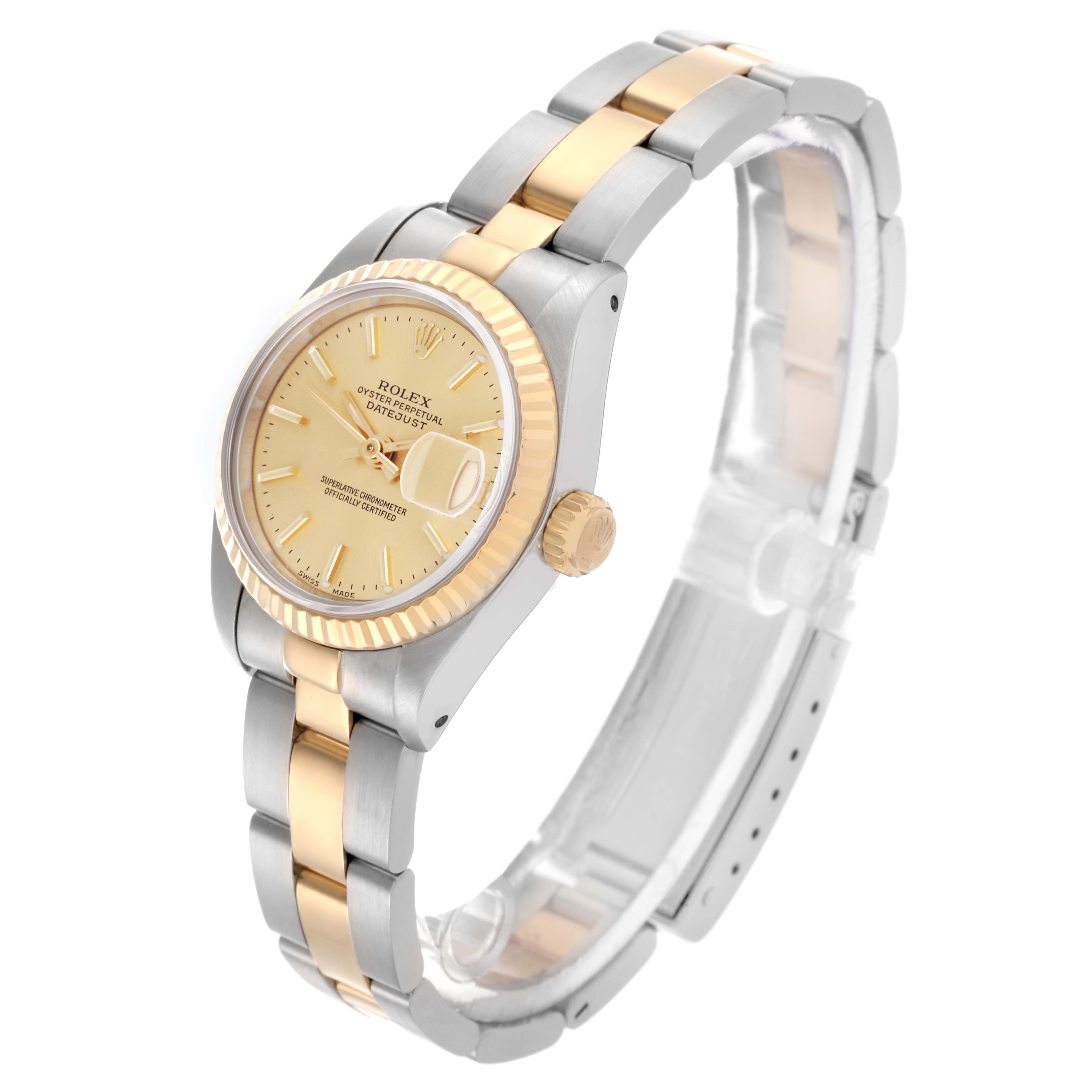 The Rolex Datejust 69173 Women's Steel and Gold (two tone) Champagne Dial 69173 Women's Steel and Gold (two tone) Champagne Dial watch is shown at a three-quarter angle, highlighting the two-tone bracelet, case, bezel, and crown.