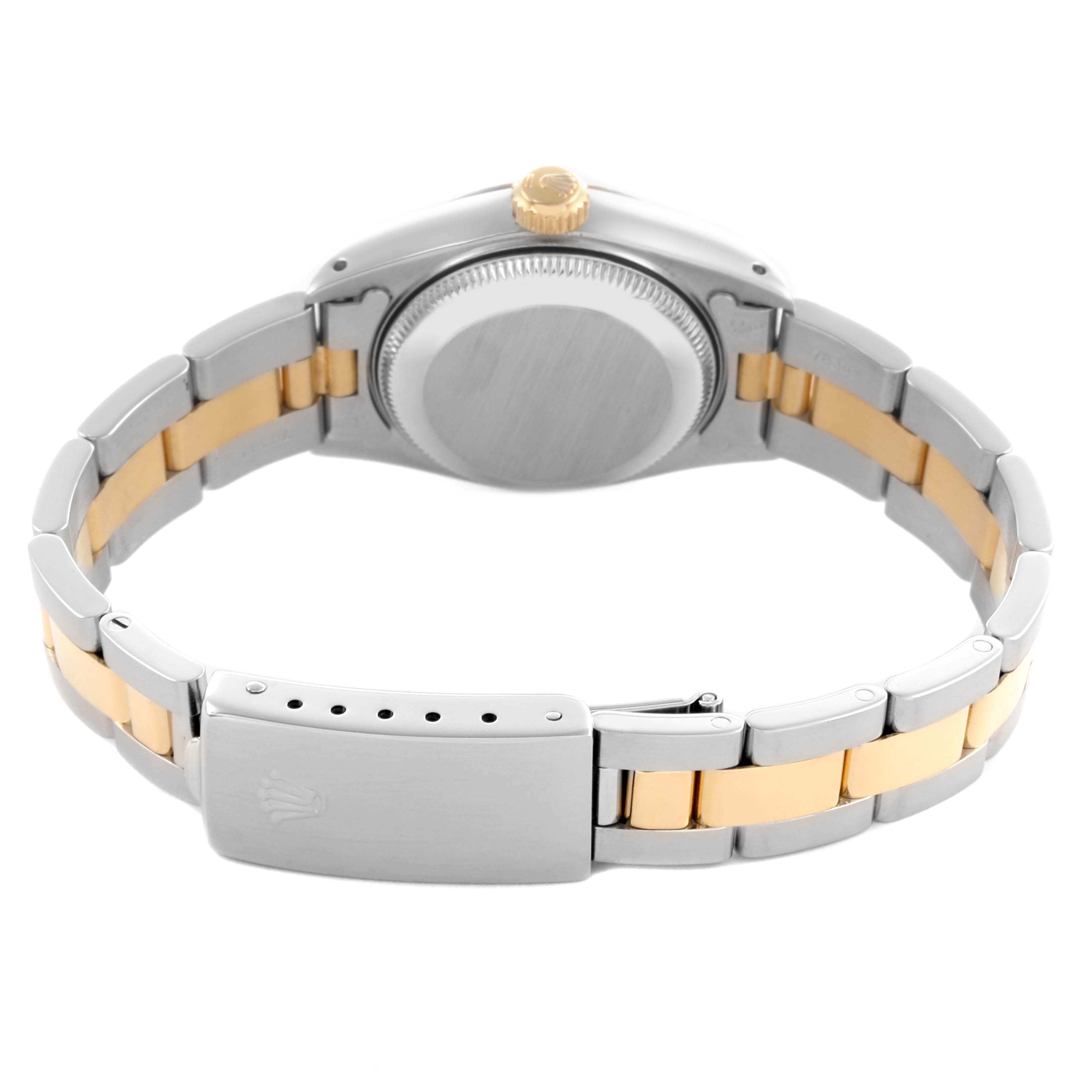 The image shows the back view of a Rolex Datejust 69173 Women's Steel and Gold (two tone) Champagne Dial 69173 Women's Steel and Gold (two tone) Champagne Dial watch, highlighting the clasp and two-tone bracelet.