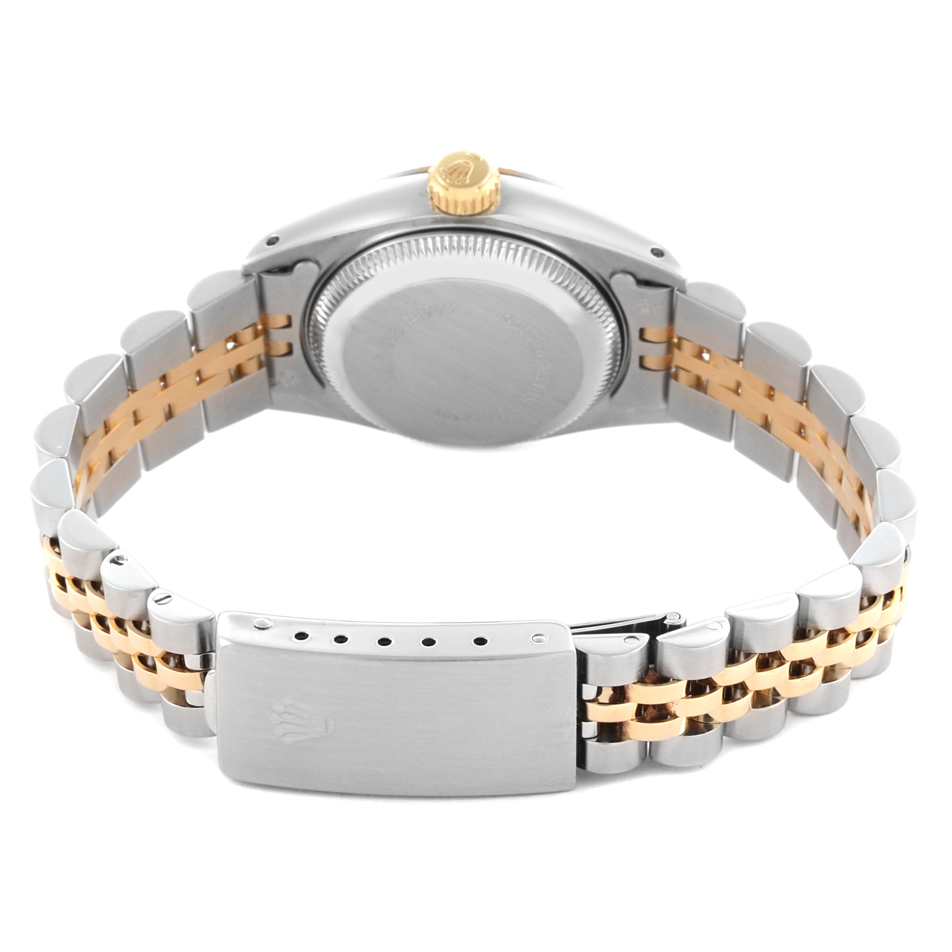 The image shows the back view of a Rolex Datejust 69173 Women's Steel and Gold (two tone) Champagne Dial 69173 Women's Steel and Gold (two tone) Champagne Dial, highlighting the case back, crown, and two-tone bracelet.