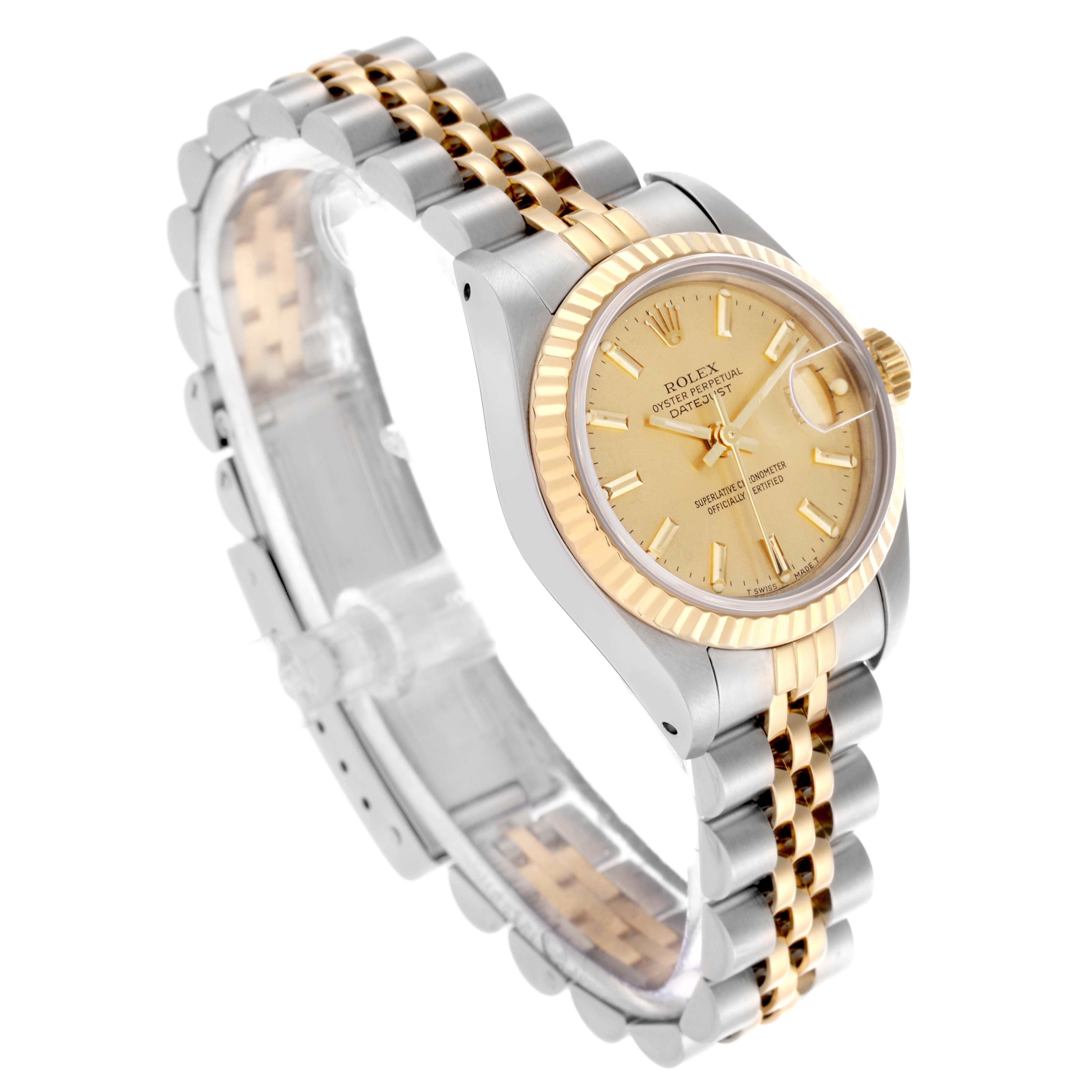 This image shows the Rolex Datejust 69173 Women's Steel and Gold (two tone) Champagne Dial 69173 Women's Steel and Gold (two tone) Champagne Dial watch at a three-quarter angle, displaying the face, bezel, crown, and Jubilee bracelet.