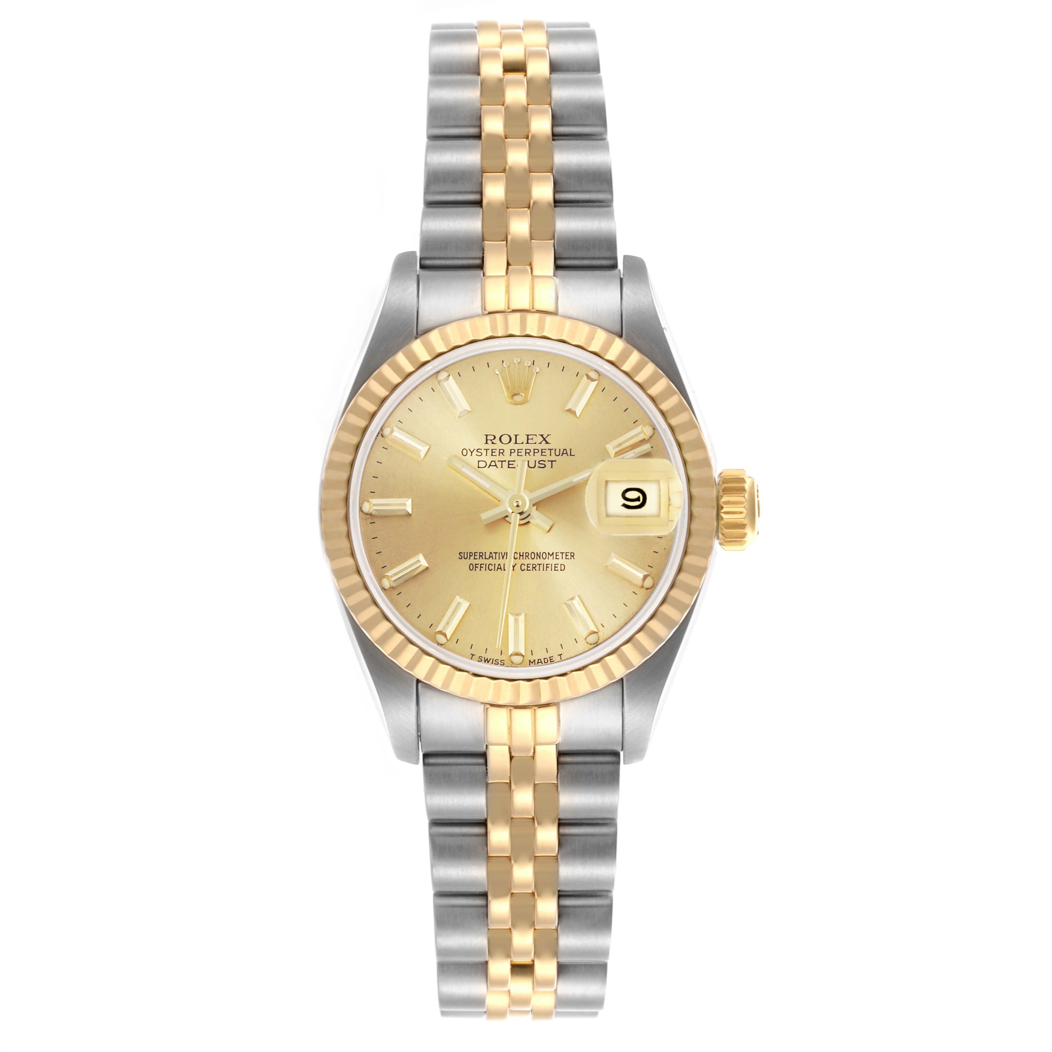 The Rolex Datejust 69173 Women's Steel and Gold (two tone) Champagne Dial 69173 Women's Steel and Gold (two tone) Champagne Dial watch is shown from a top-down perspective, highlighting its gold dial, bezel, and two-tone bracelet.