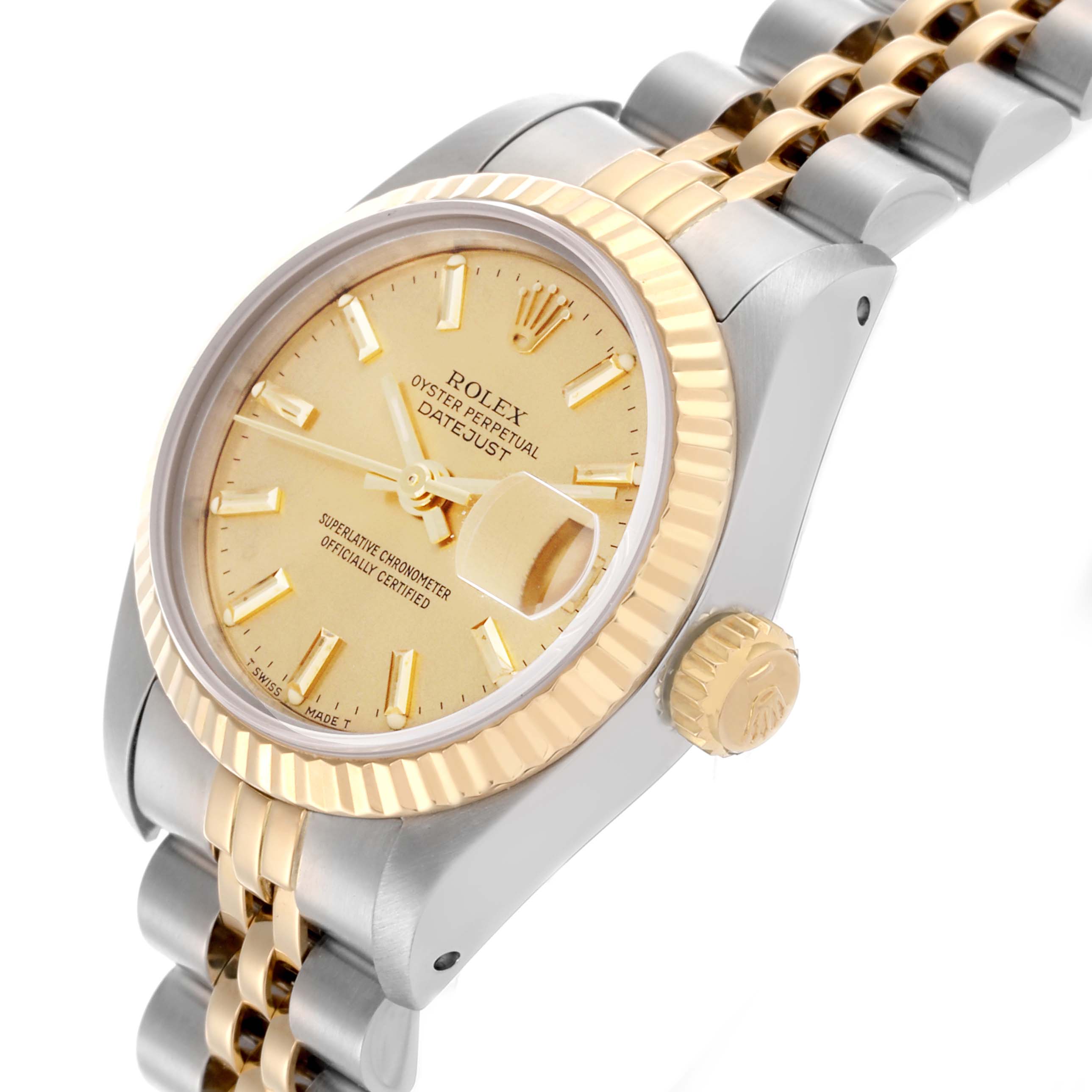 The image shows a Rolex Datejust 69173 Women's Steel and Gold (two tone) Champagne Dial 69173 Women's Steel and Gold (two tone) Champagne Dial watch at a side angle, highlighting its bezel, crown, and two-tone bracelet.