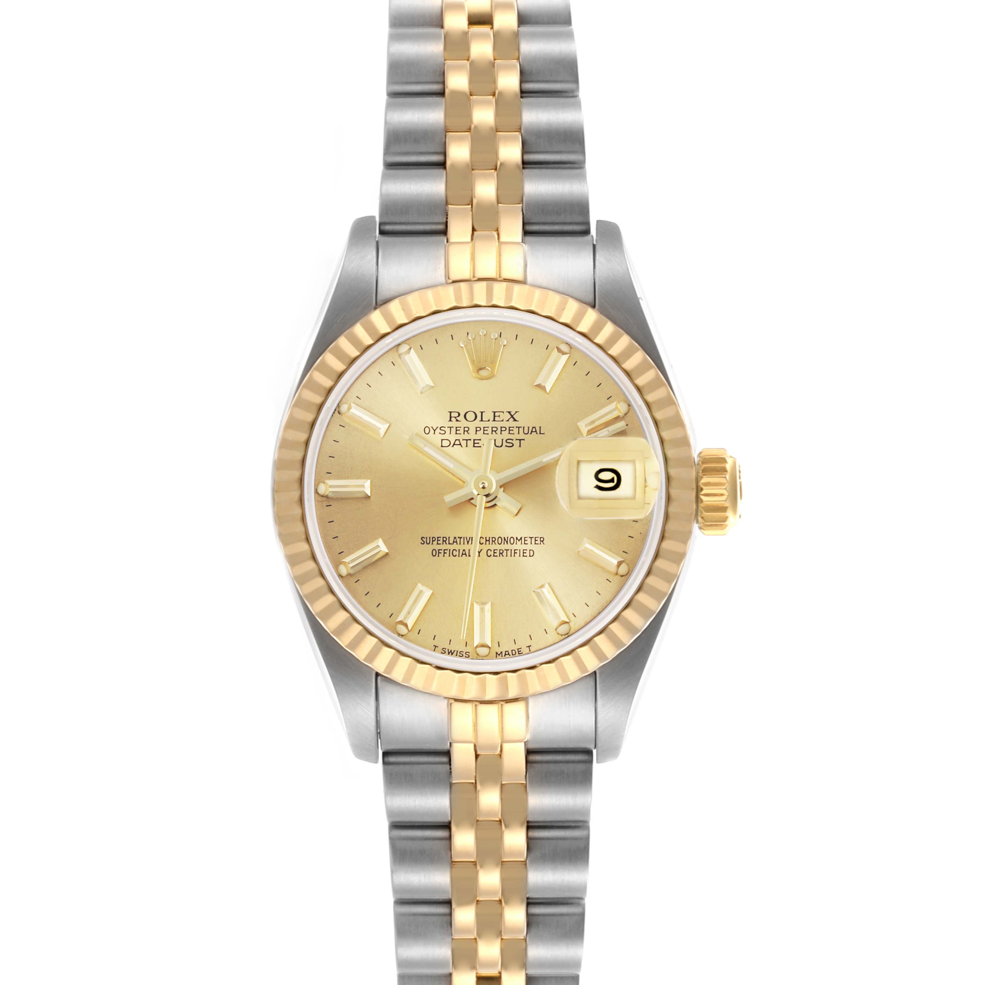 This Rolex Datejust 69173 Women's Steel and Gold (two tone) Champagne Dial 69173 Women's Steel and Gold (two tone) Champagne Dial watch is shown from a front angle, highlighting the gold dial, fluted bezel, and two-tone bracelet.