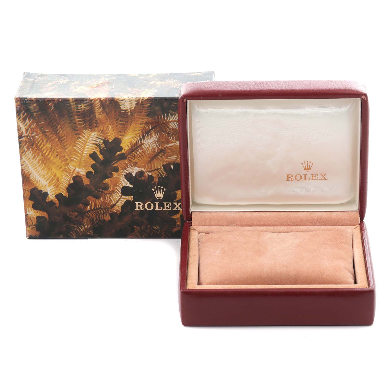 The image shows an empty Rolex Datejust 69173 Women's Steel and Gold (two tone) Champagne Dial 69173 Women's Steel and Gold (two tone) Champagne Dial watch box and outer packaging from a front angle.