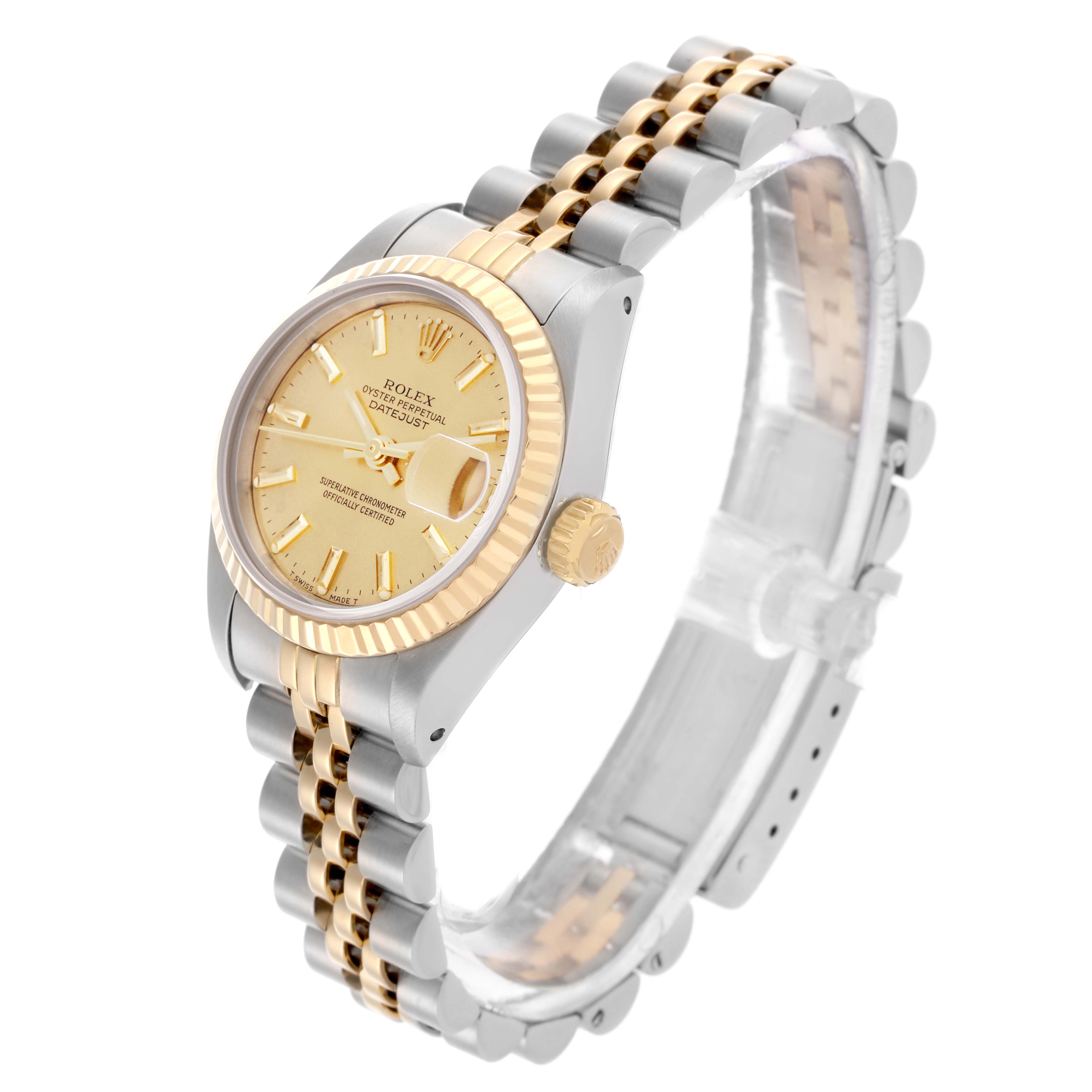 The Rolex Datejust 69173 Women's Steel and Gold (two tone) Champagne Dial 69173 Women's Steel and Gold (two tone) Champagne Dial watch is shown at an angled side view, highlighting the gold bezel, crown, and two-tone bracelet.