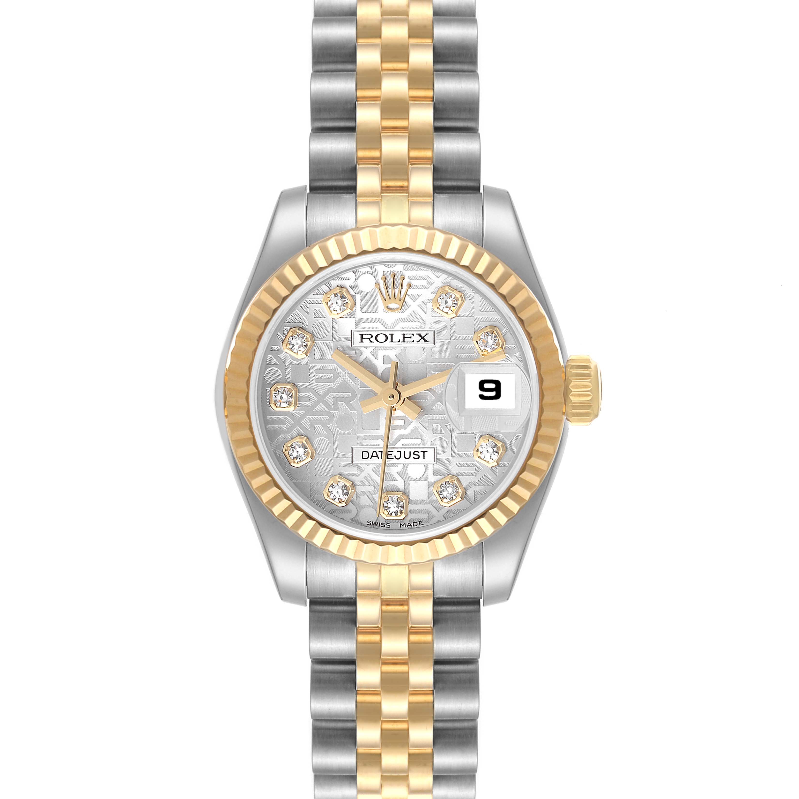 This image shows a Rolex Datejust 179173 Women's Steel and Gold (two tone) Silver Dial 179173 Women's Steel and Gold (two tone) Silver Dial watch from the front, highlighting its gold and silver bracelet, bezel, dial, and date window.