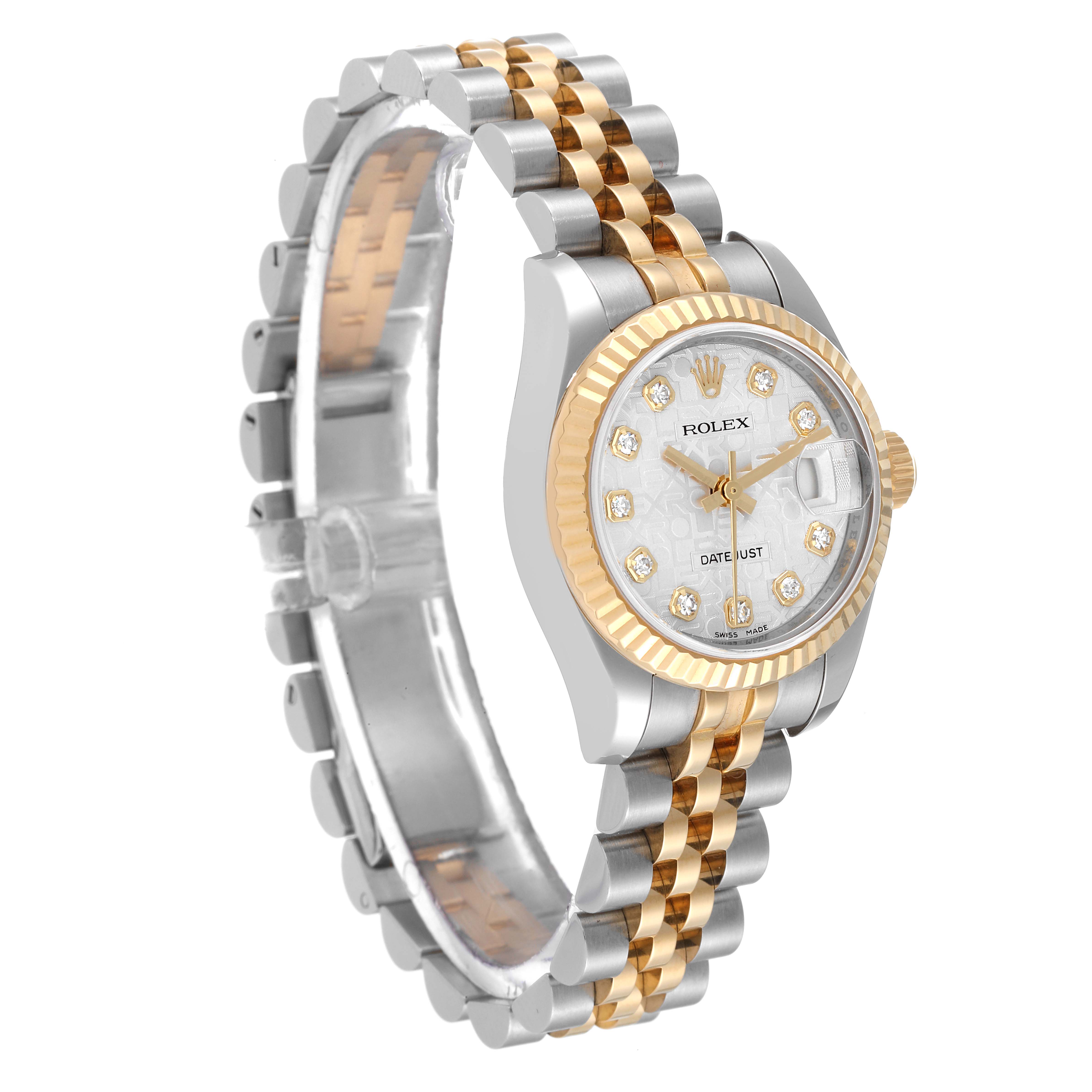 The image shows a side angle of a Rolex Datejust 179173 Women's Steel and Gold (two tone) Silver Dial 179173 Women's Steel and Gold (two tone) Silver Dial watch, highlighting its dial, bezel, and jubilee bracelet.