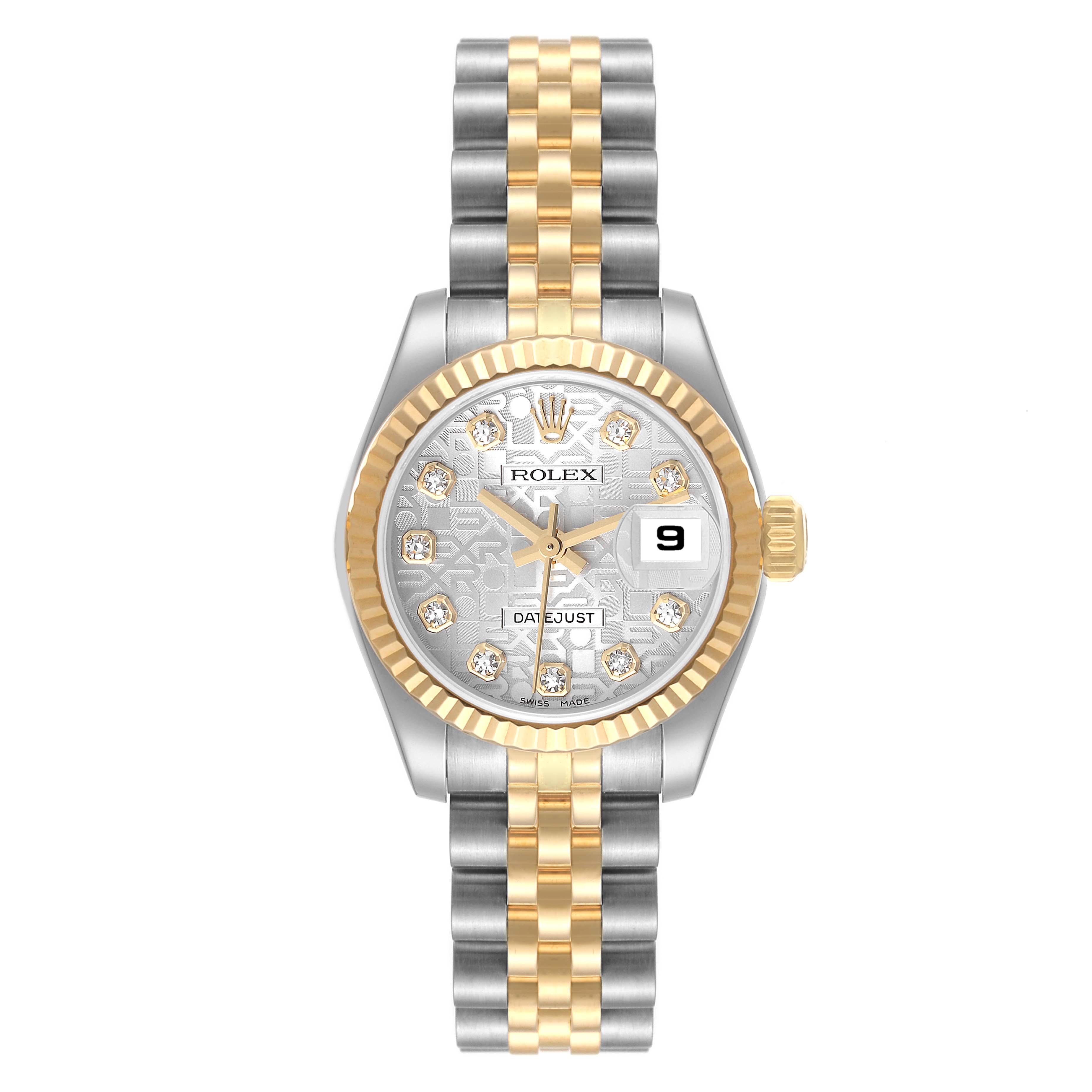 The Rolex Datejust 179173 Women's Steel and Gold (two tone) Silver Dial 179173 Women's Steel and Gold (two tone) Silver Dial watch is shown from the front, displaying its silver and gold bracelet, fluted bezel, and diamond-set dial.
