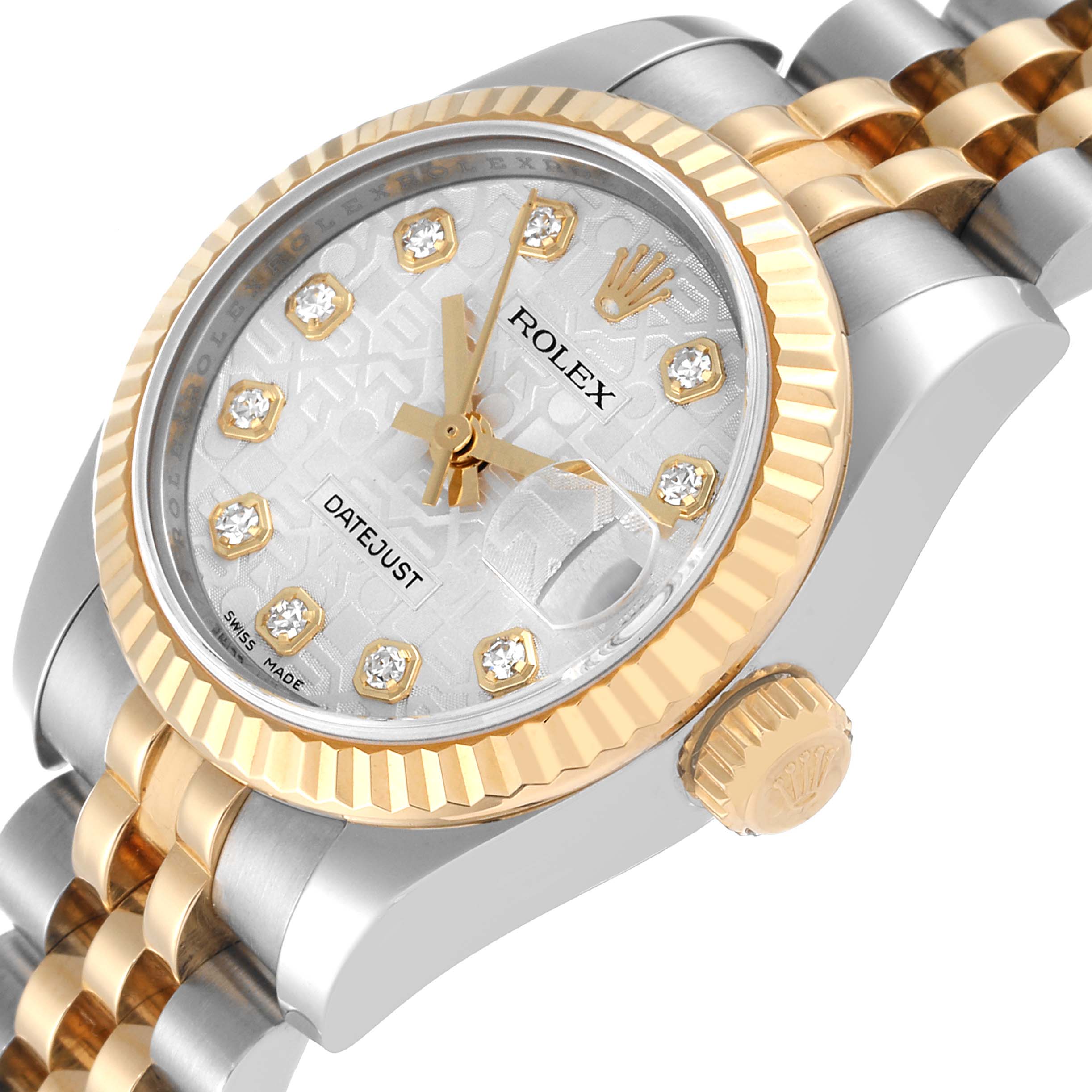 This Rolex Datejust 179173 Women's Steel and Gold (two tone) Silver Dial 179173 Women's Steel and Gold (two tone) Silver Dial watch is shown from an angled view, highlighting the dial, fluted bezel, crown, and part of the bracelet.