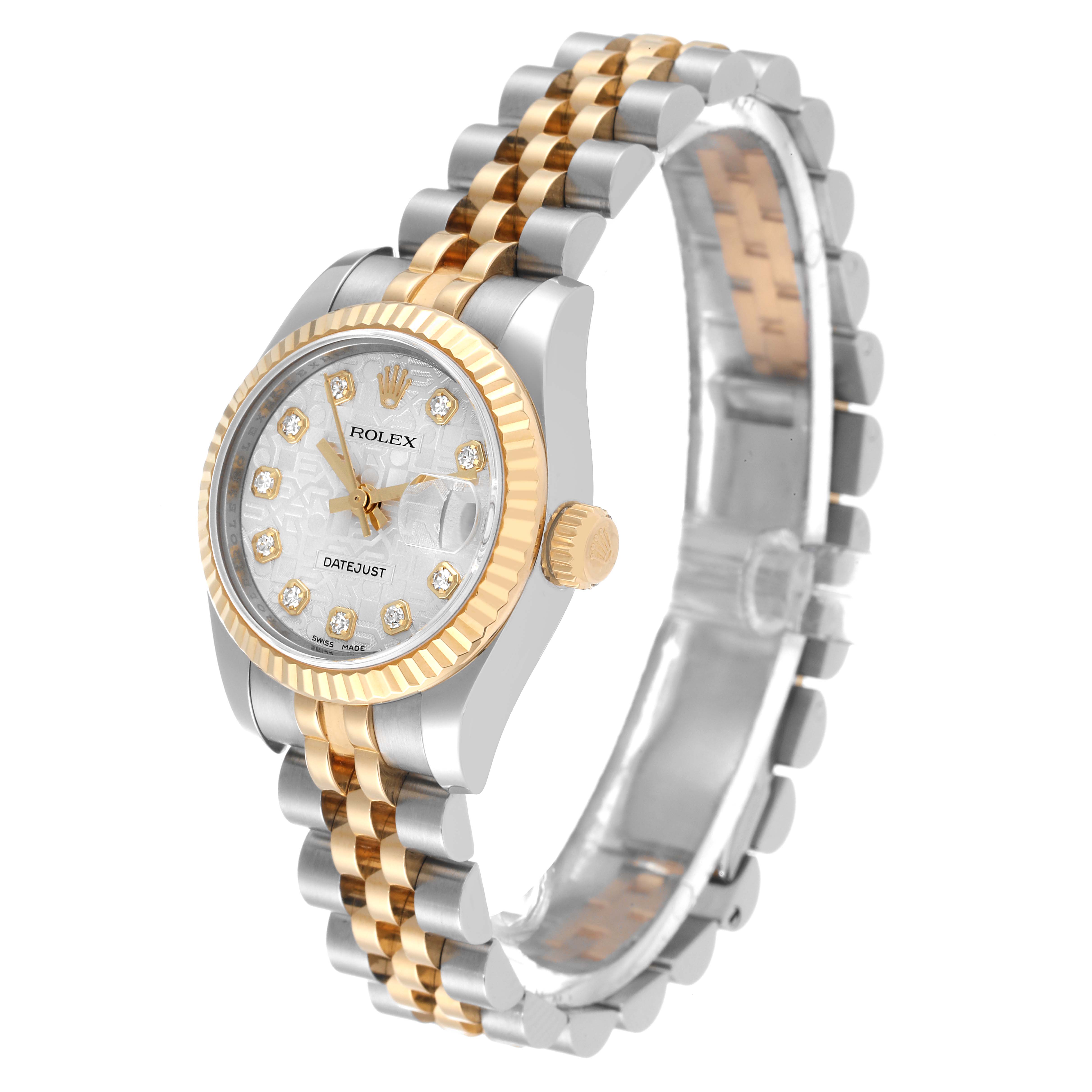 This image shows a Rolex Datejust 179173 Women's Steel and Gold (two tone) Silver Dial 179173 Women's Steel and Gold (two tone) Silver Dial watch from a three-quarter angle, highlighting its bezel, dial, and two-tone bracelet.