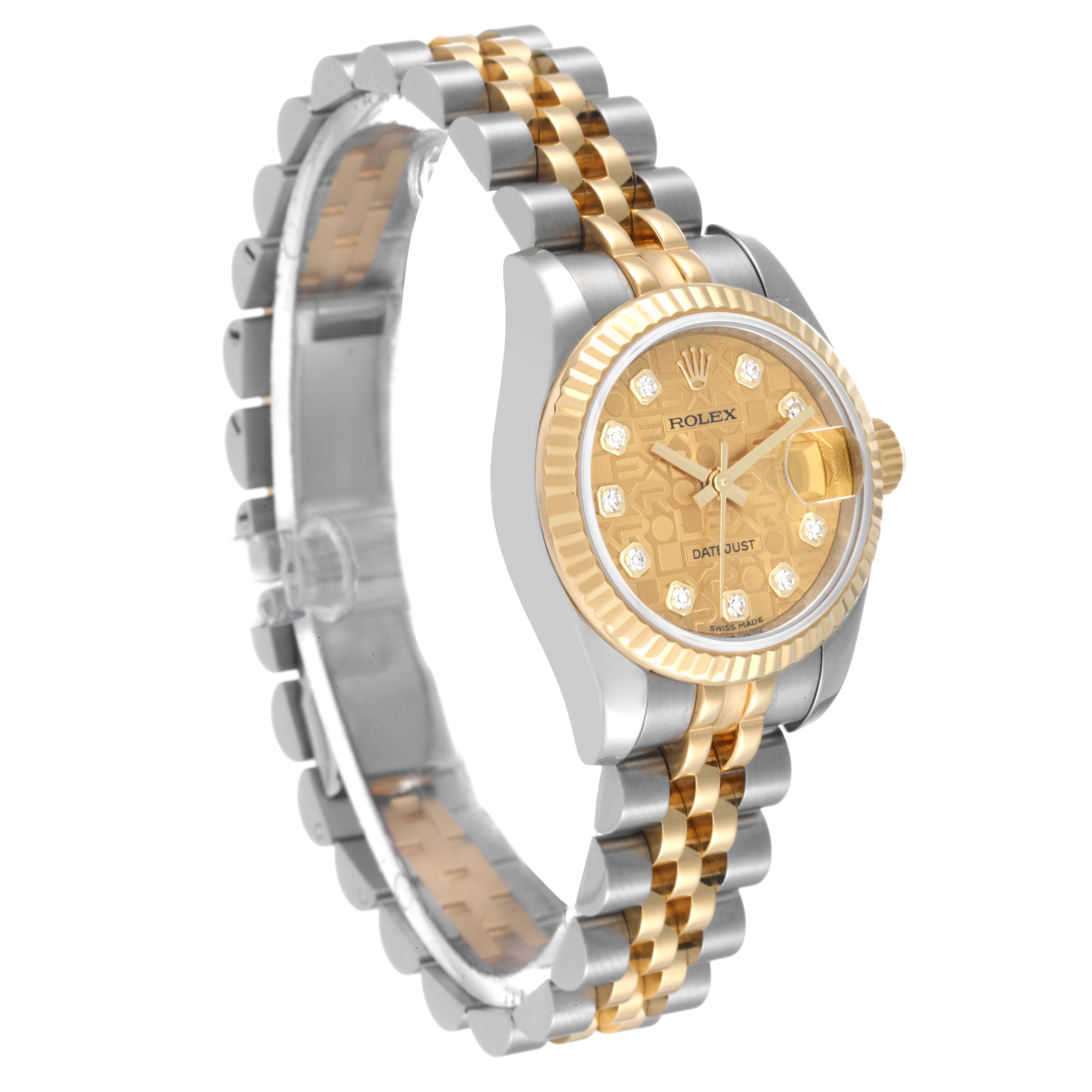 The Rolex Datejust 179173 Women's Steel and Gold (two tone) Champagne Dial 179173 Women's Steel and Gold (two tone) Champagne Dial watch is shown at a side angle, highlighting its two-tone bracelet, fluted bezel, and diamond-accented dial.