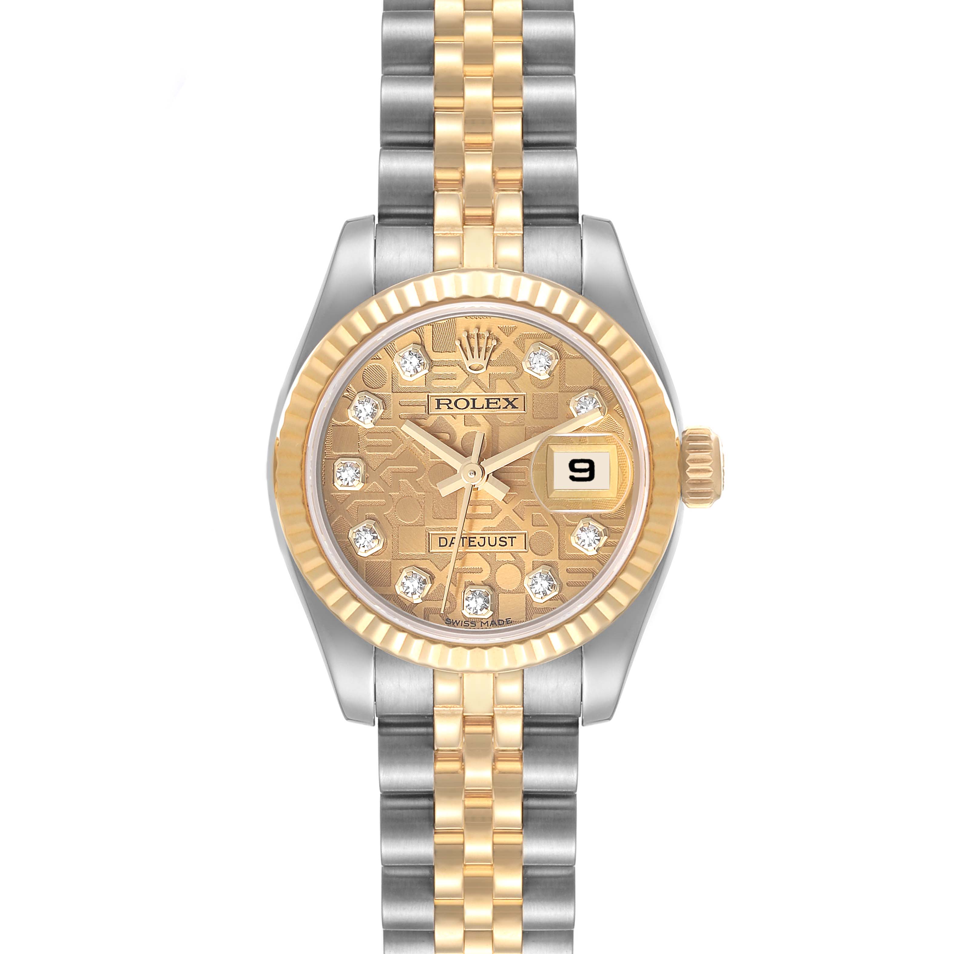 This Rolex Datejust 179173 Women's Steel and Gold (two tone) Champagne Dial 179173 Women's Steel and Gold (two tone) Champagne Dial watch is shown from a front angle, displaying the dial, bezel, and the two-tone bracelet.