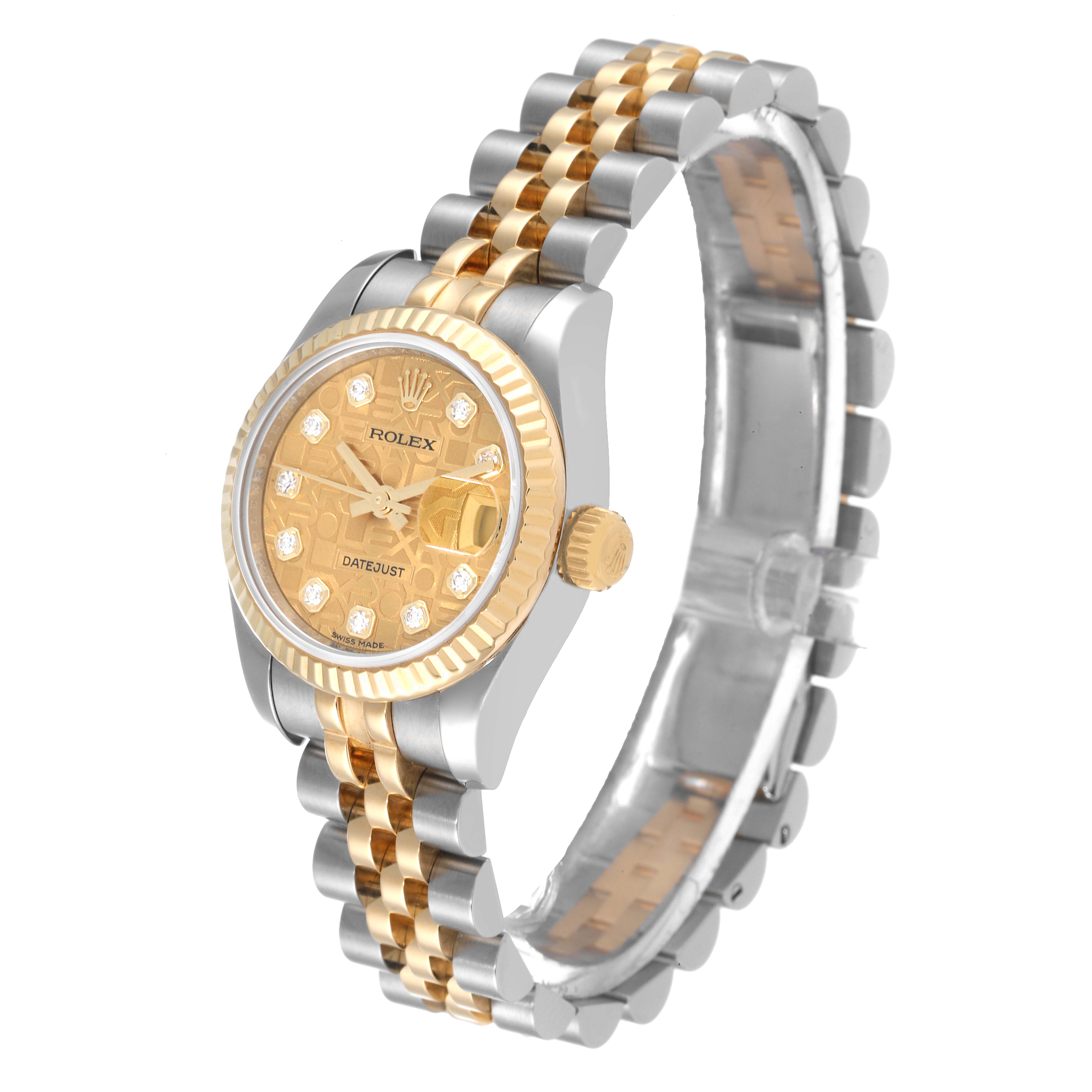 The Rolex Datejust 179173 Women's Steel and Gold (two tone) Champagne Dial 179173 Women's Steel and Gold (two tone) Champagne Dial watch is shown at an angle displaying its face, crown, and two-tone Jubilee bracelet.