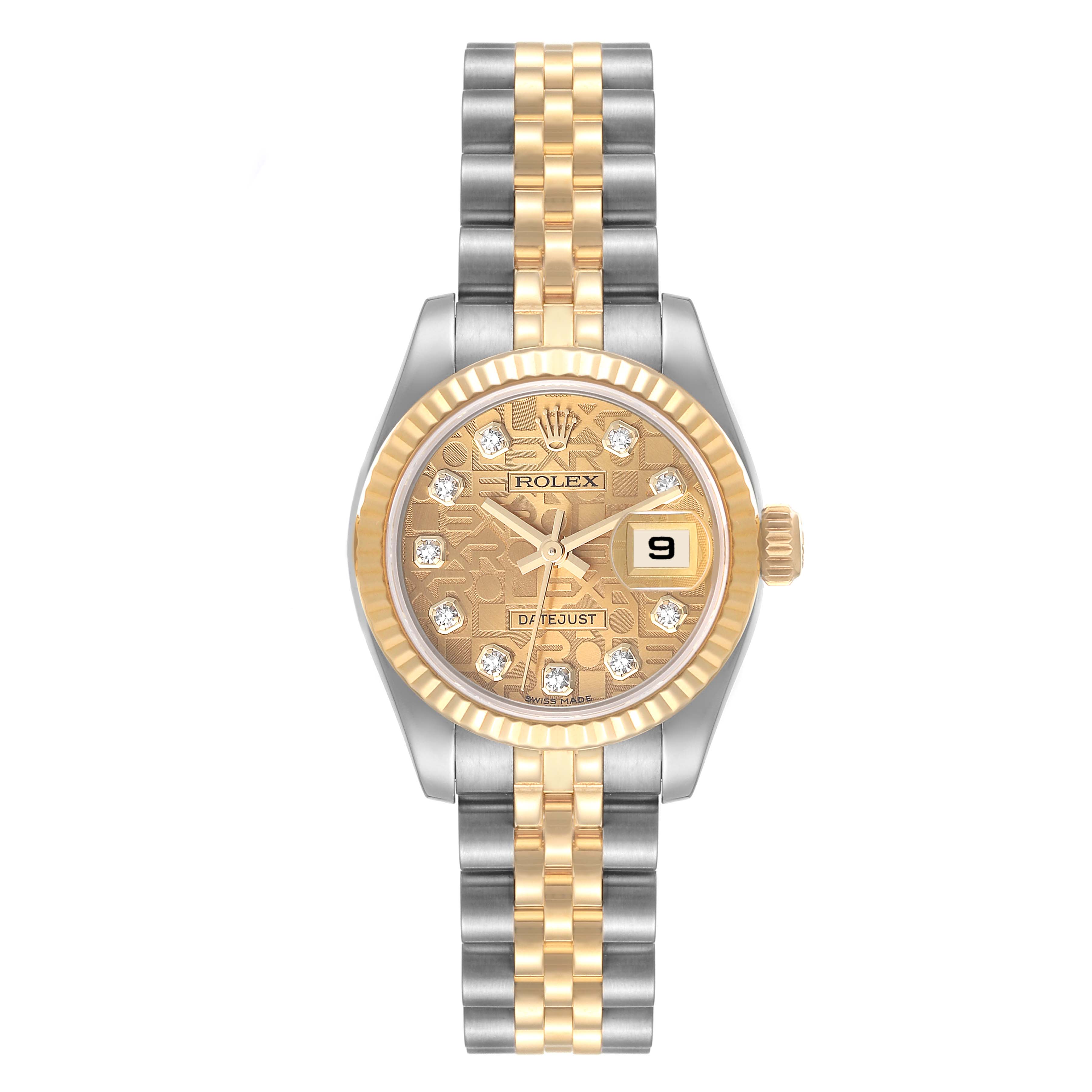 This image of the Rolex Datejust 179173 Women's Steel and Gold (two tone) Champagne Dial 179173 Women's Steel and Gold (two tone) Champagne Dial watch shows a front view, highlighting the dial, bezel, and two-tone Jubilee bracelet.