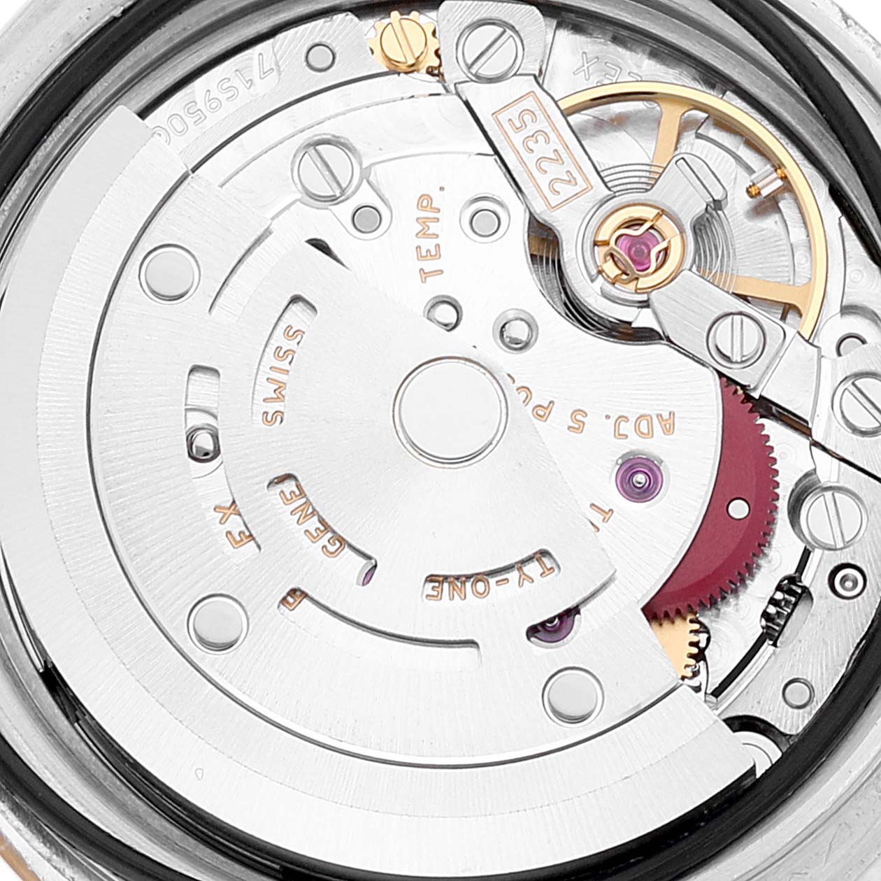 The image shows a close-up view of the mechanical movement inside a Rolex Datejust 179173 Women's Steel and Gold (two tone) Champagne Dial 179173 Women's Steel and Gold (two tone) Champagne Dial watch.