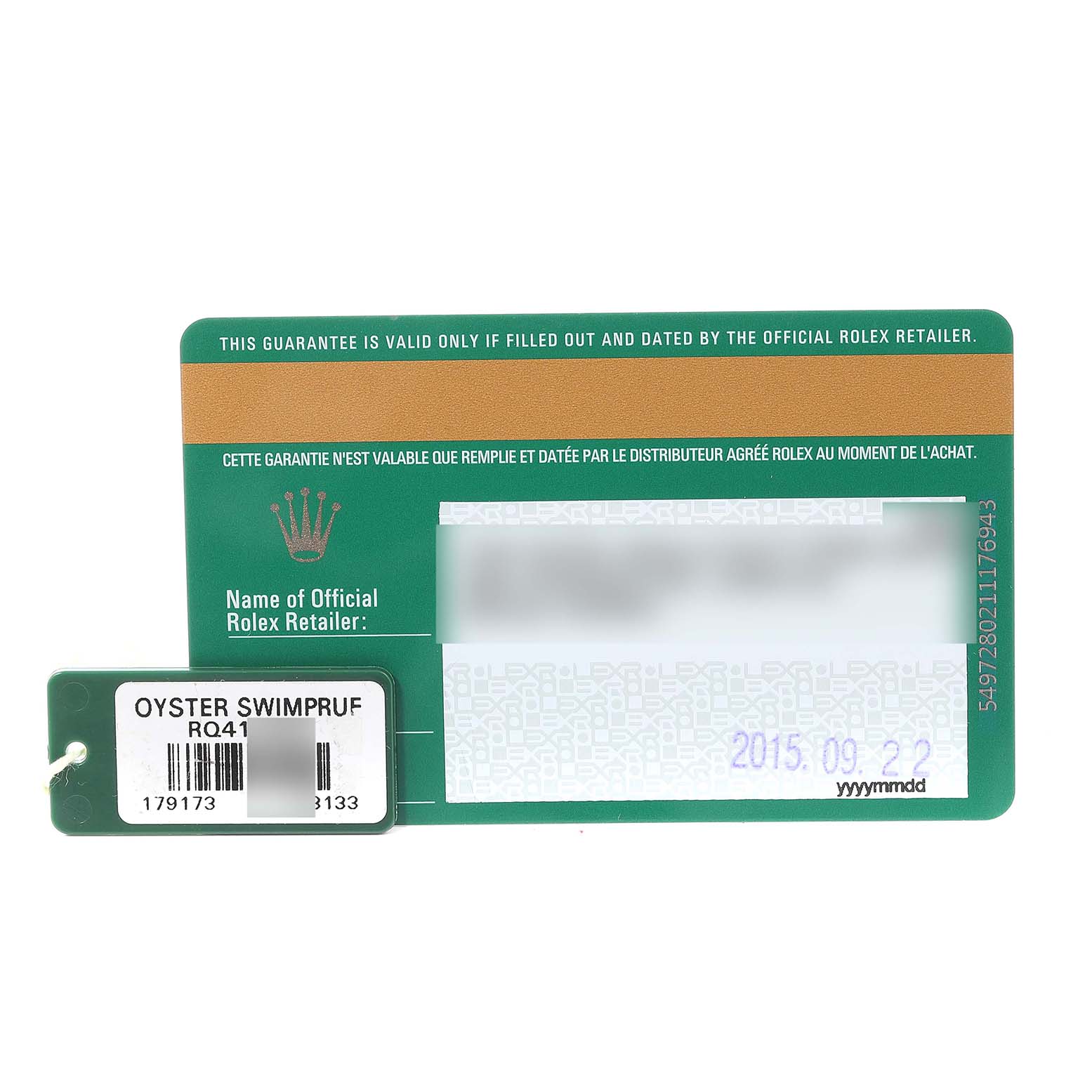 The image shows a Rolex warranty card and a tag for the Datejust model, with "OYSTER SWIMPRUF" labeling.