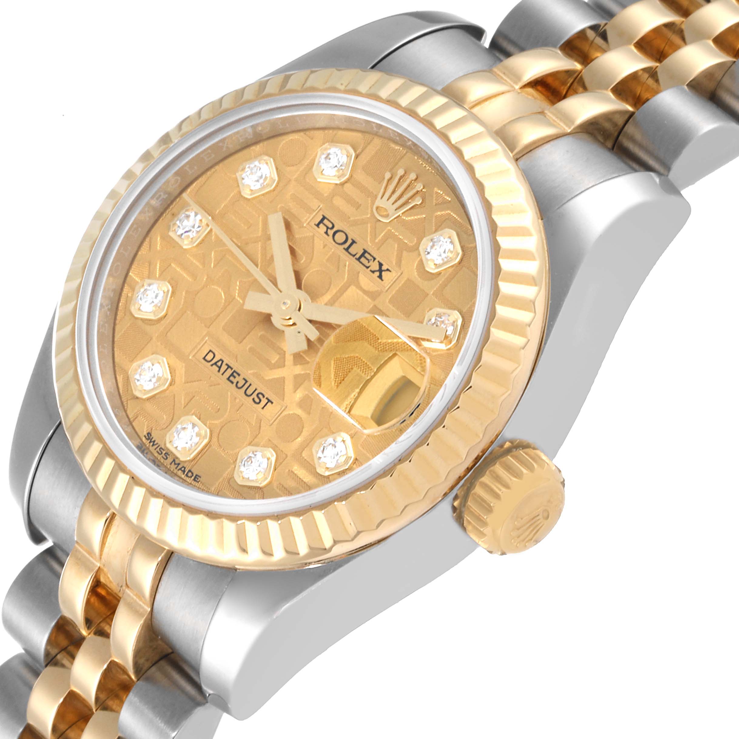 This image shows a Rolex Datejust 179173 Women's Steel and Gold (two tone) Champagne Dial 179173 Women's Steel and Gold (two tone) Champagne Dial watch from a top-right angle, highlighting the gold bezel, dial, and part of the bracelet.