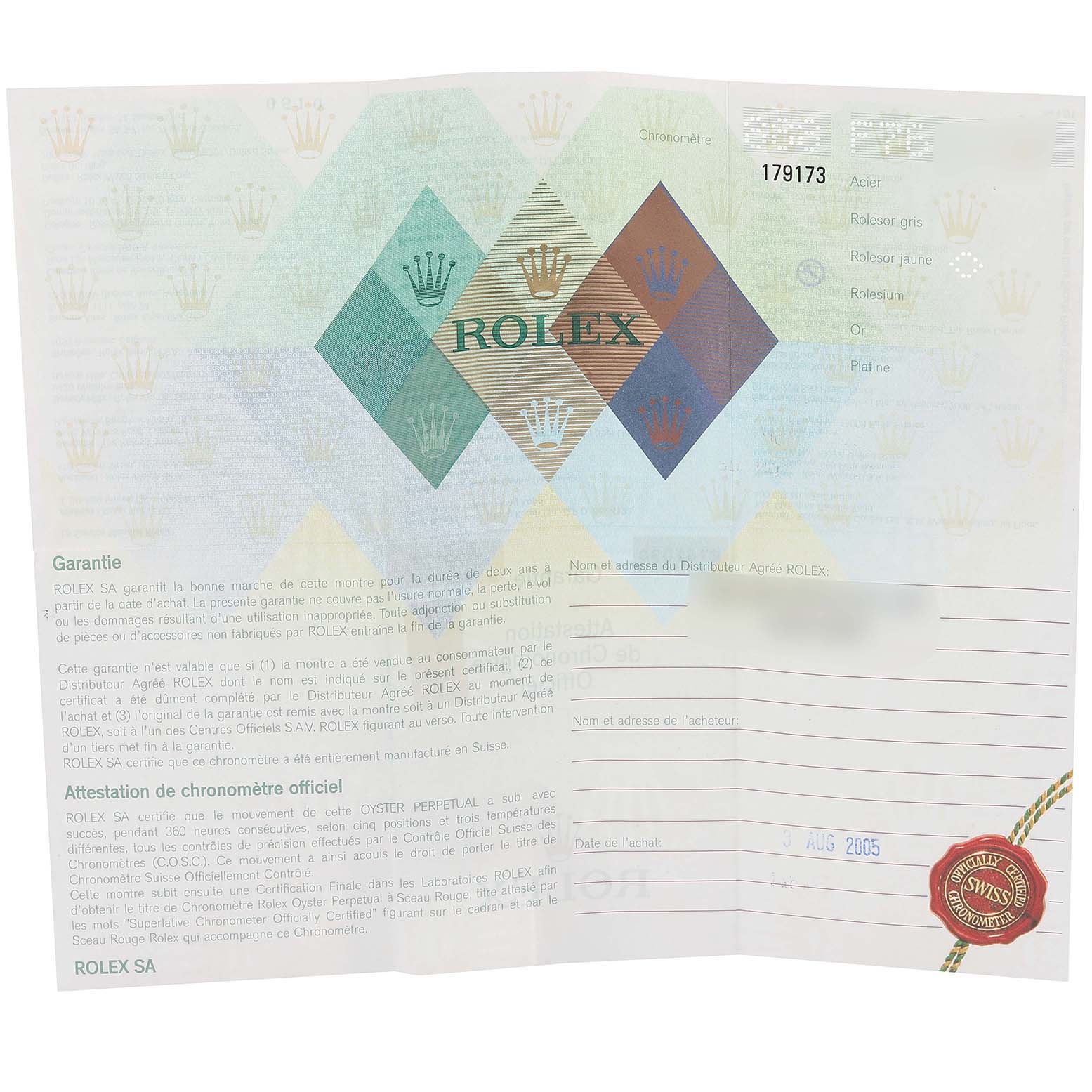 This image shows a warranty certificate for the Rolex Datejust 179173 Women's Steel and Gold (two tone) Blue Dial 179173 Women's Steel and Gold (two tone) Blue Dial model, featuring the brand's logo prominently.