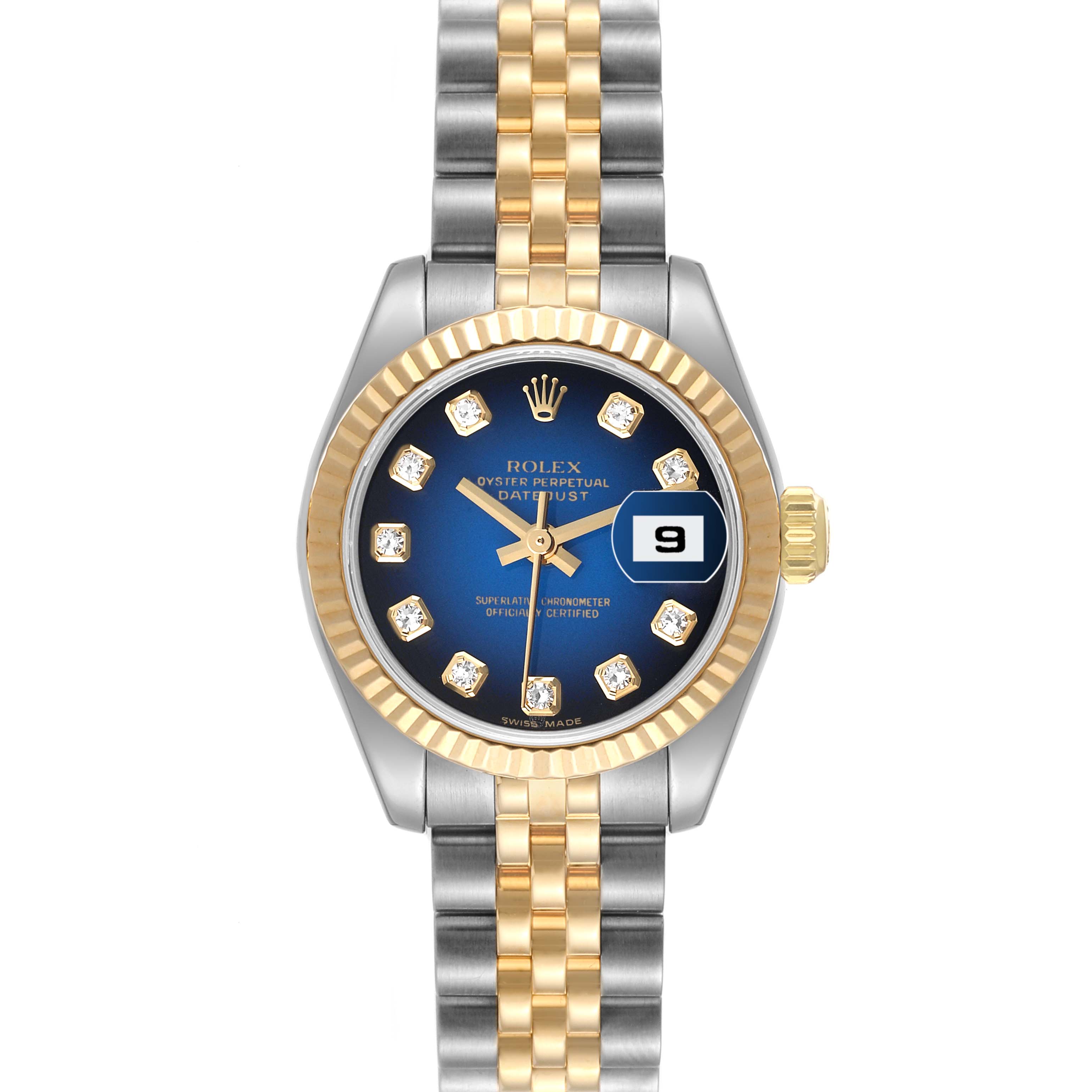 The image shows a front view of a Rolex Datejust 179173 Women's Steel and Gold (two tone) Blue Dial 179173 Women's Steel and Gold (two tone) Blue Dial watch, highlighting its two-tone bracelet, fluted bezel, and date display at 3 o'clock.