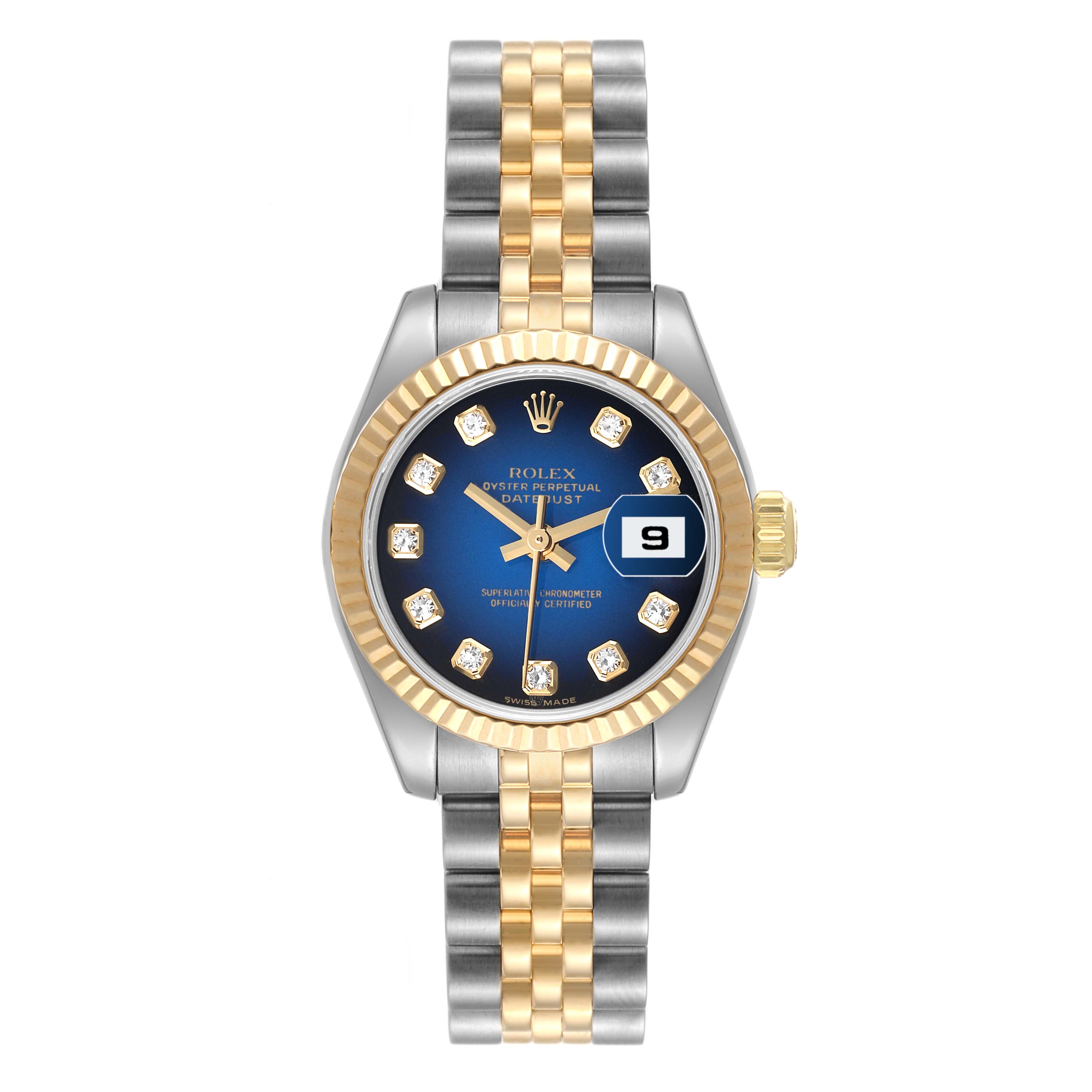 The image shows a front view of a Rolex Datejust 179173 Women's Steel and Gold (two tone) Blue Dial 179173 Women's Steel and Gold (two tone) Blue Dial watch with a blue dial, diamond hour markers, and a two-tone bracelet.