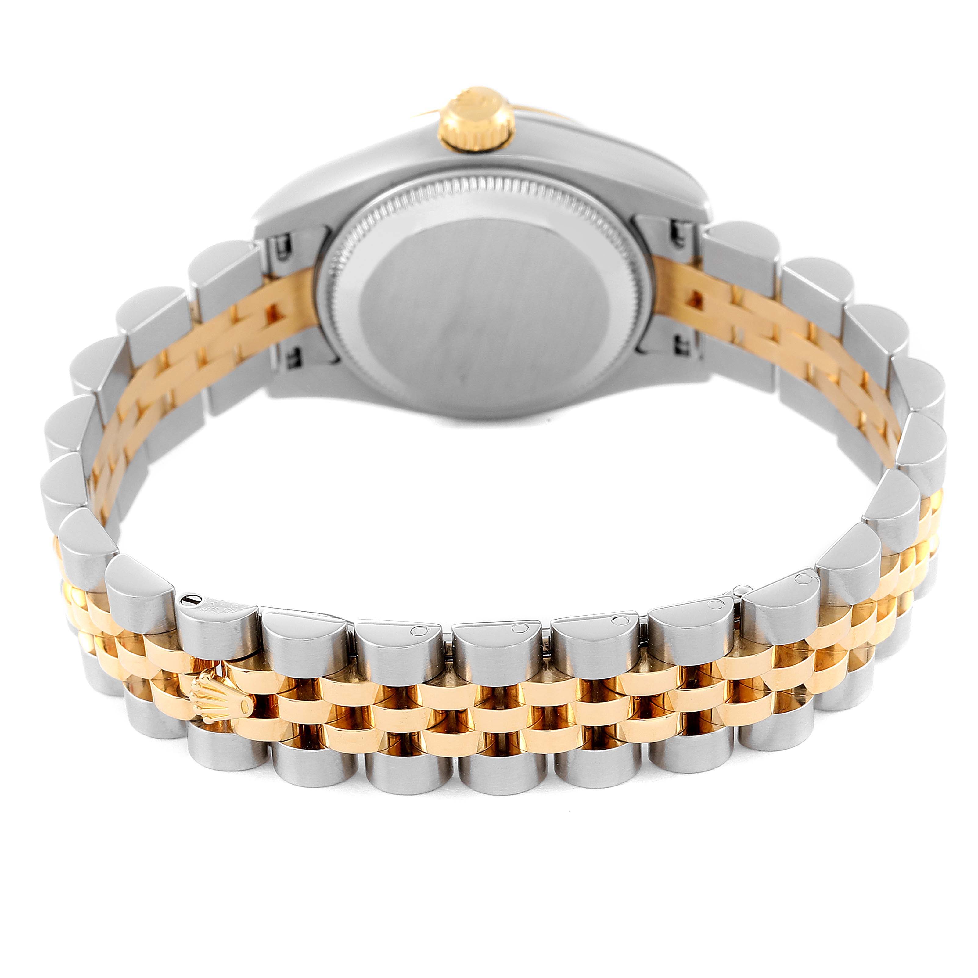 The image shows the back case and two-tone bracelet of a Rolex Datejust 179173 Women's Steel and Gold (two tone) Blue Dial 179173 Women's Steel and Gold (two tone) Blue Dial watch.