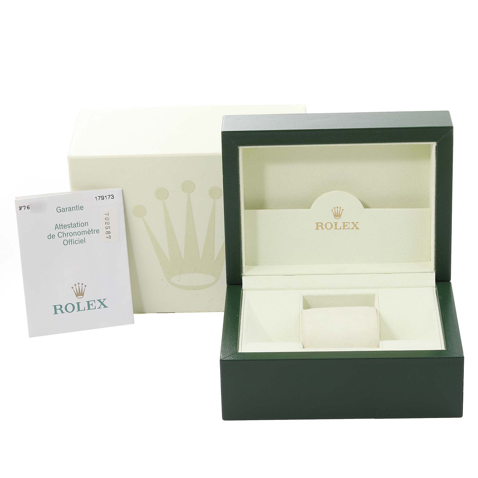 This image shows the Rolex Datejust 179173 Women's Steel and Gold (two tone) Blue Dial 179173 Women's Steel and Gold (two tone) Blue Dial watch box, warranty card, and outer packaging from a front angle.