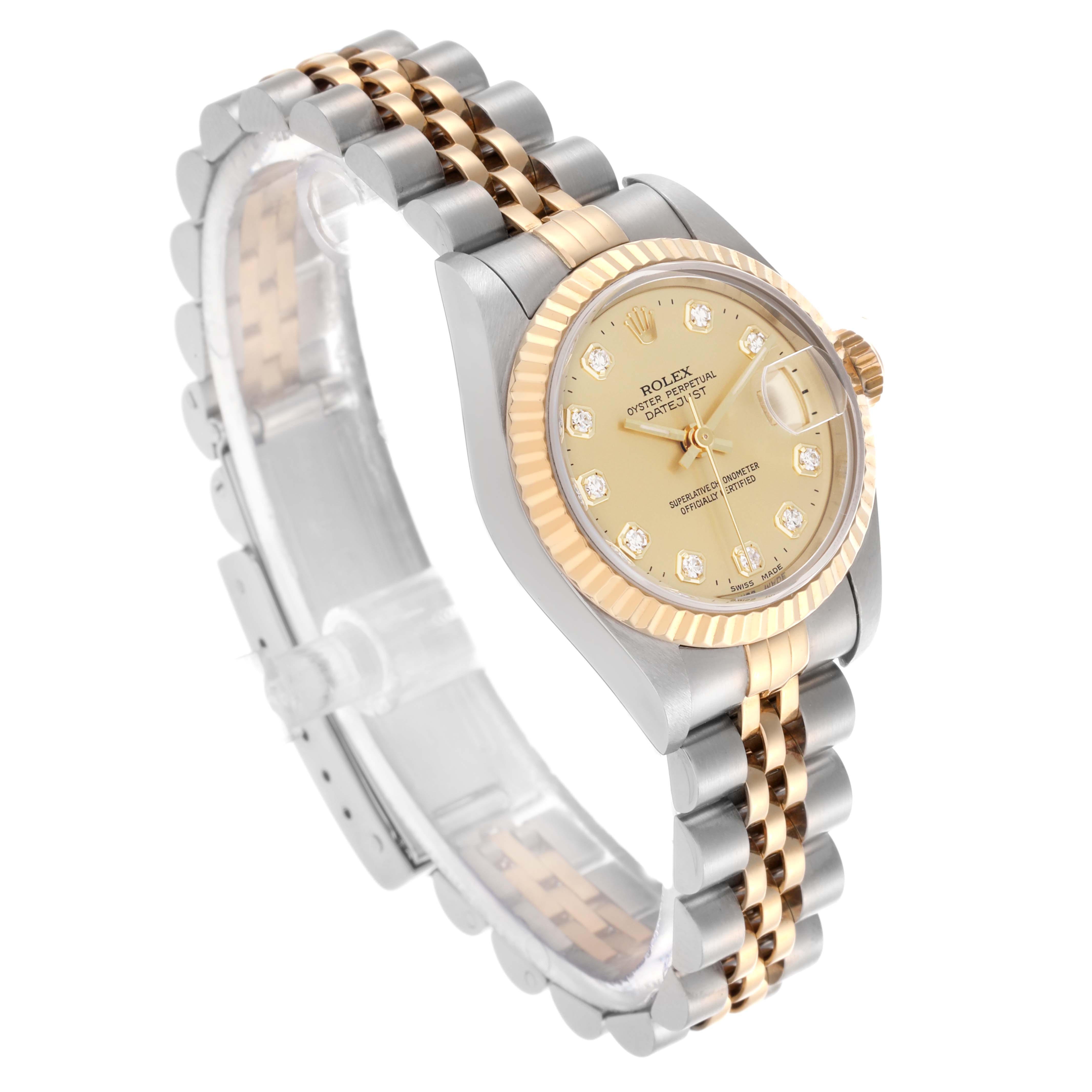 The Rolex Datejust 69173 Women's Steel and Gold (two tone) Champagne Dial 69173 Women's Steel and Gold (two tone) Champagne Dial watch is shown at a slight angle, highlighting the face, fluted bezel, and two-tone Jubilee bracelet.