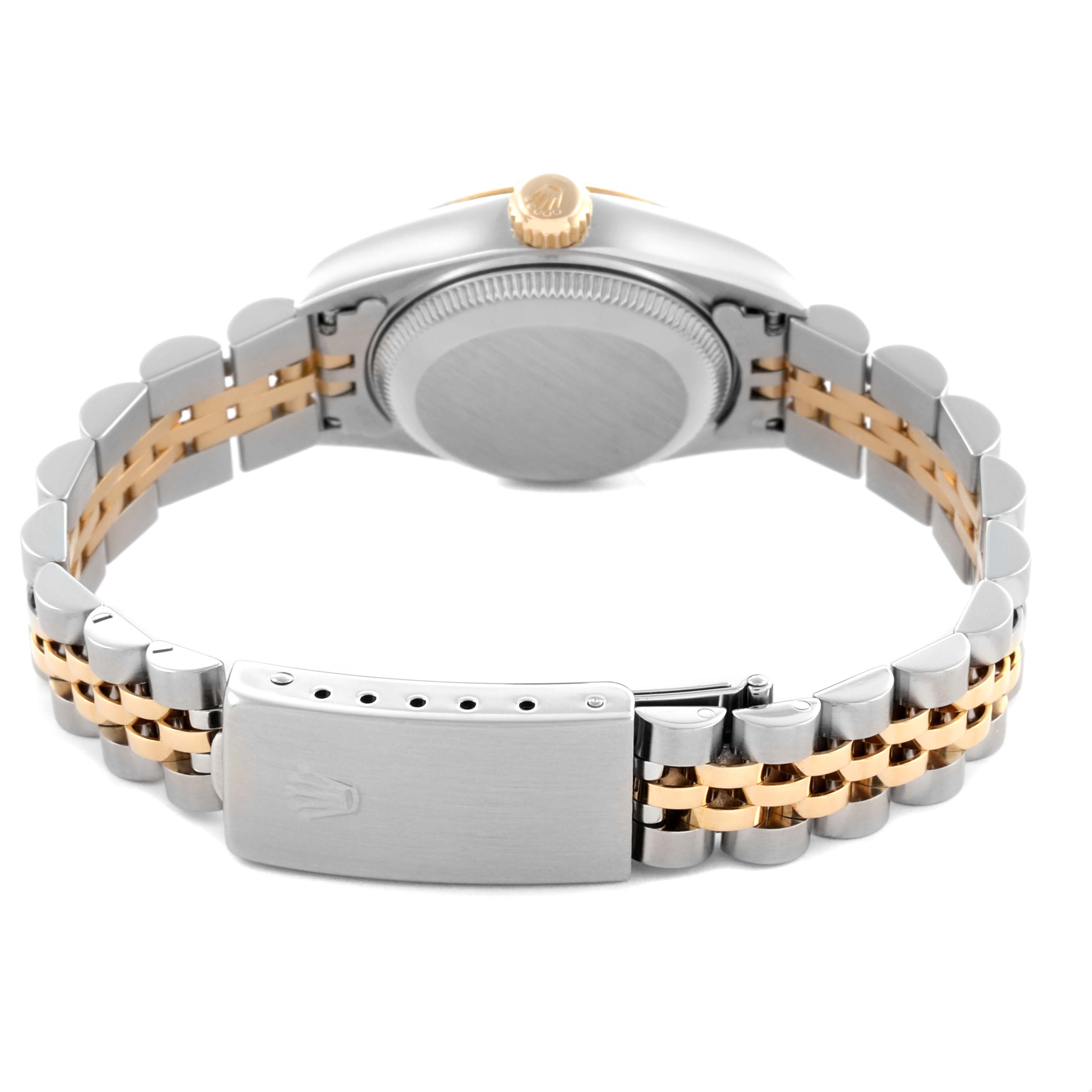 The image shows a Rolex Datejust 69173 Women's Steel and Gold (two tone) Champagne Dial 69173 Women's Steel and Gold (two tone) Champagne Dial watch from the back, featuring the clasp, bracelet, crown, and case back.
