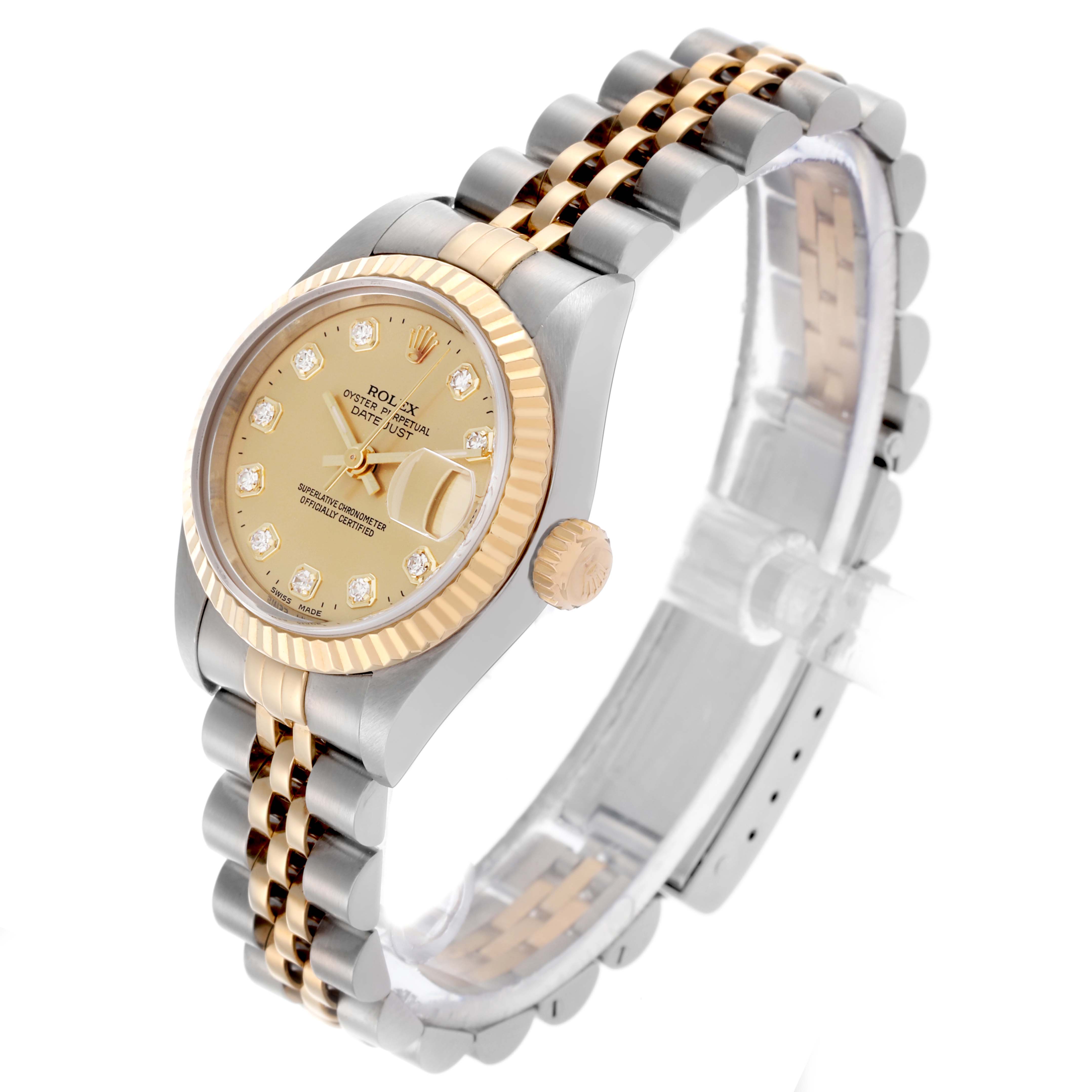 The Rolex Datejust 69173 Women's Steel and Gold (two tone) Champagne Dial 69173 Women's Steel and Gold (two tone) Champagne Dial watch is shown at a three-quarter angle, highlighting the dial, bezel, and bracelet.