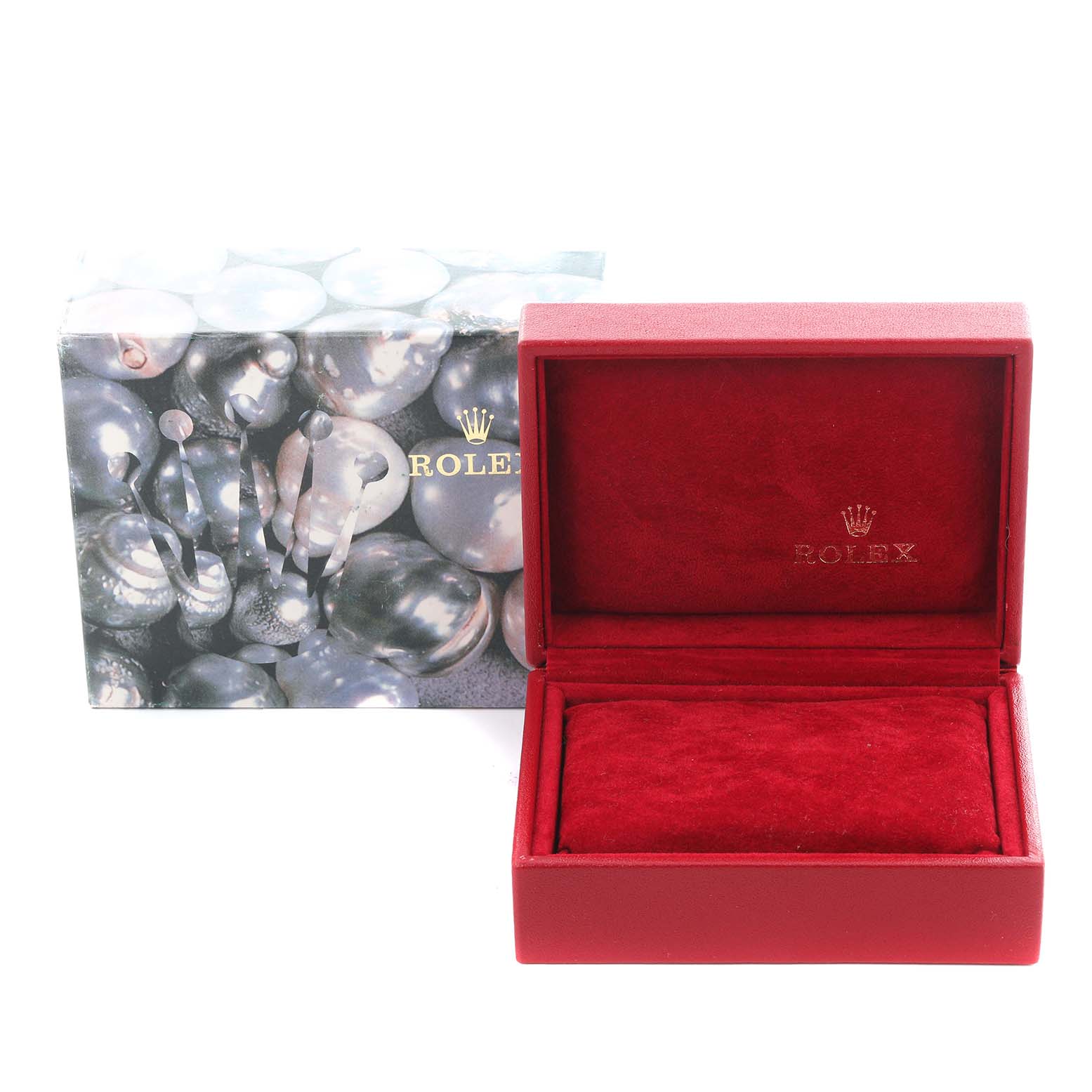 The image shows a Rolex Datejust 69173 Women's Steel and Gold (two tone) Champagne Dial 69173 Women's Steel and Gold (two tone) Champagne Dial watch box and outer packaging from a top angle, highlighting the red interior and decorative outer box.