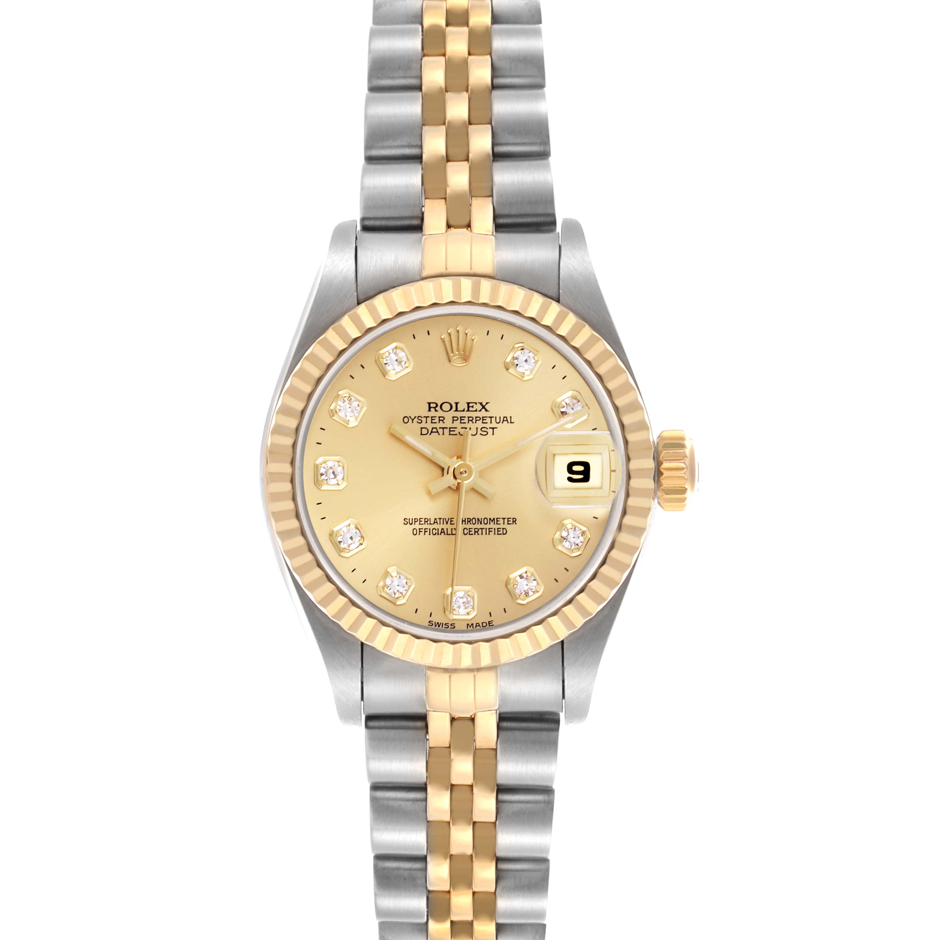 The Rolex Datejust 69173 Women's Steel and Gold (two tone) Champagne Dial 69173 Women's Steel and Gold (two tone) Champagne Dial watch is shown from a top-down angle, highlighting the dial, bezel, and two-tone bracelet.