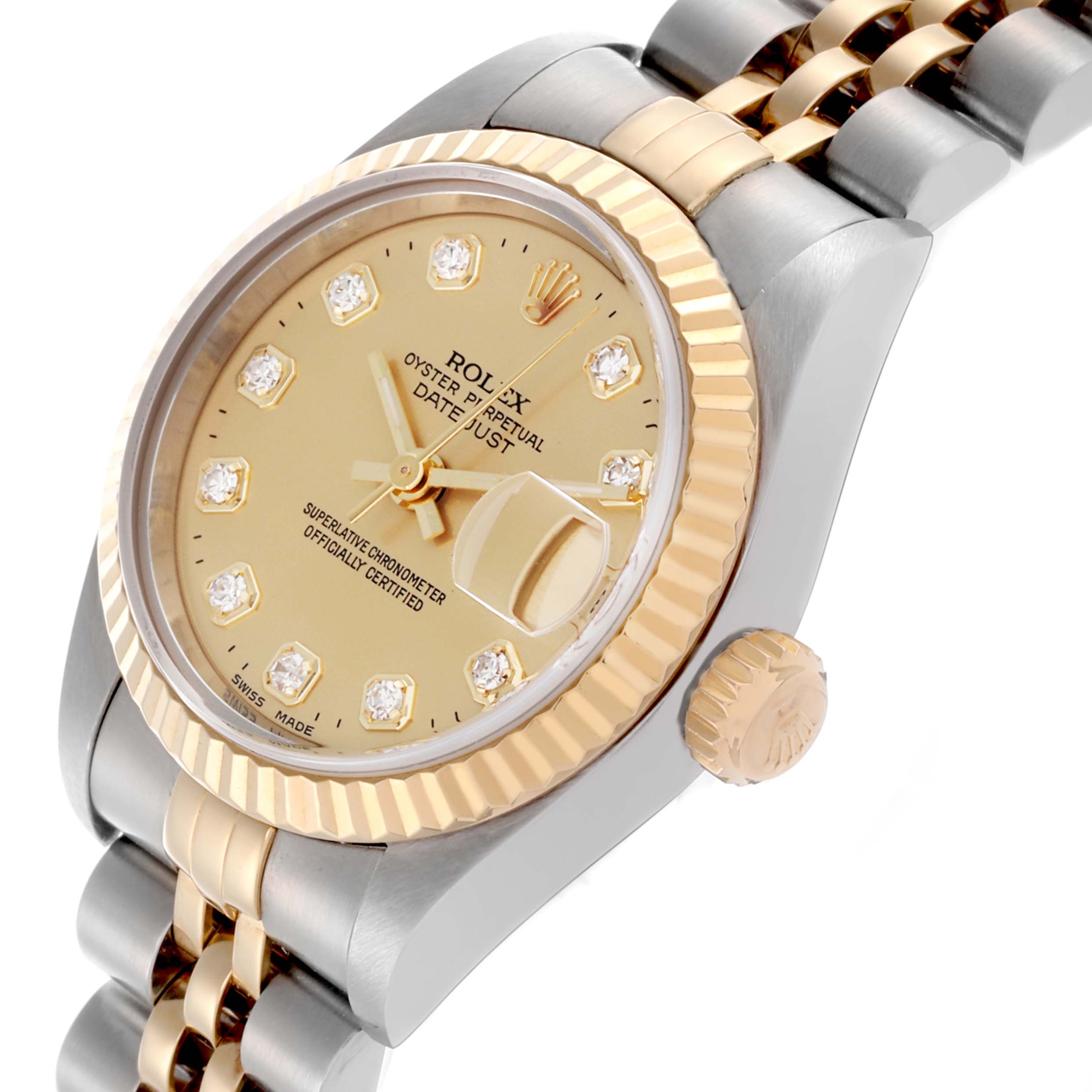 The Rolex Datejust 69173 Women's Steel and Gold (two tone) Champagne Dial 69173 Women's Steel and Gold (two tone) Champagne Dial watch is shown at a slight side angle, highlighting the dial, bezel, crown, and part of the bracelet.