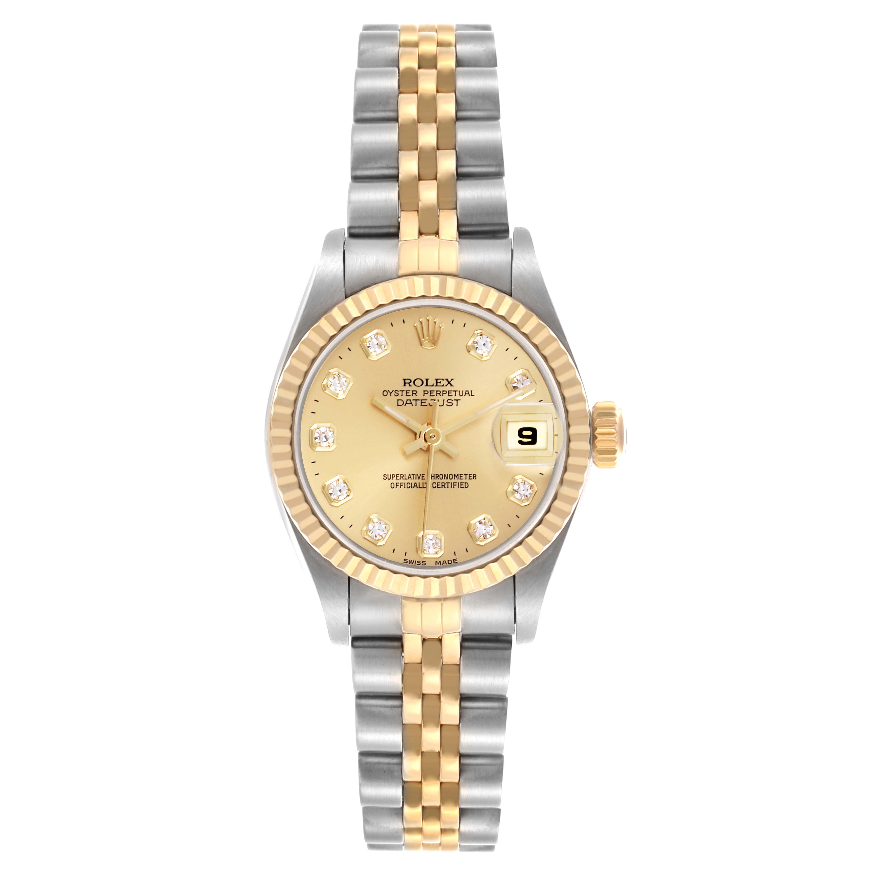 The Rolex Datejust 69173 Women's Steel and Gold (two tone) Champagne Dial 69173 Women's Steel and Gold (two tone) Champagne Dial watch is shown from a front angle, displaying the face, bezel, and bracelet.