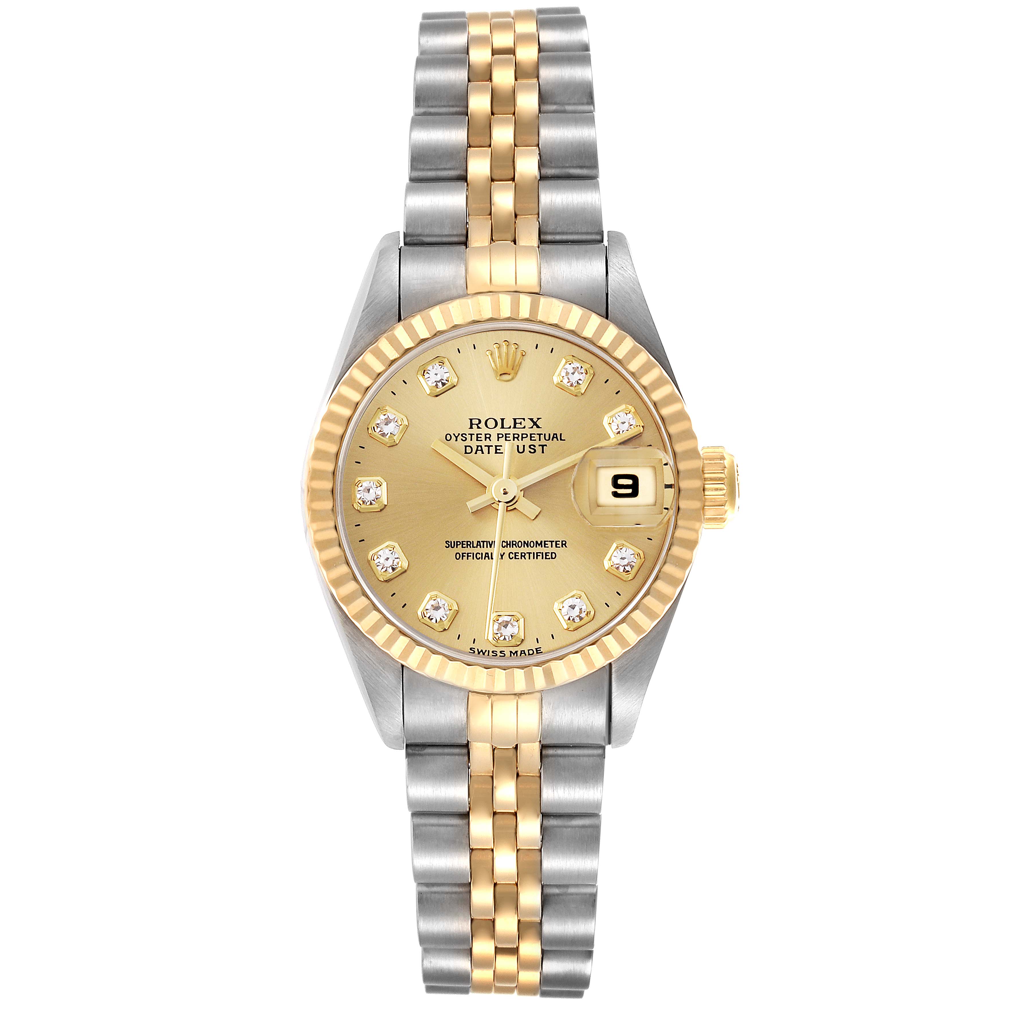 The image shows a Rolex Datejust 69173 Women's Steel and Gold (two tone) Champagne Dial 69173 Women's Steel and Gold (two tone) Champagne Dial watch from a front angle, highlighting its gold dial, fluted bezel, and two-tone jubilee bracelet.