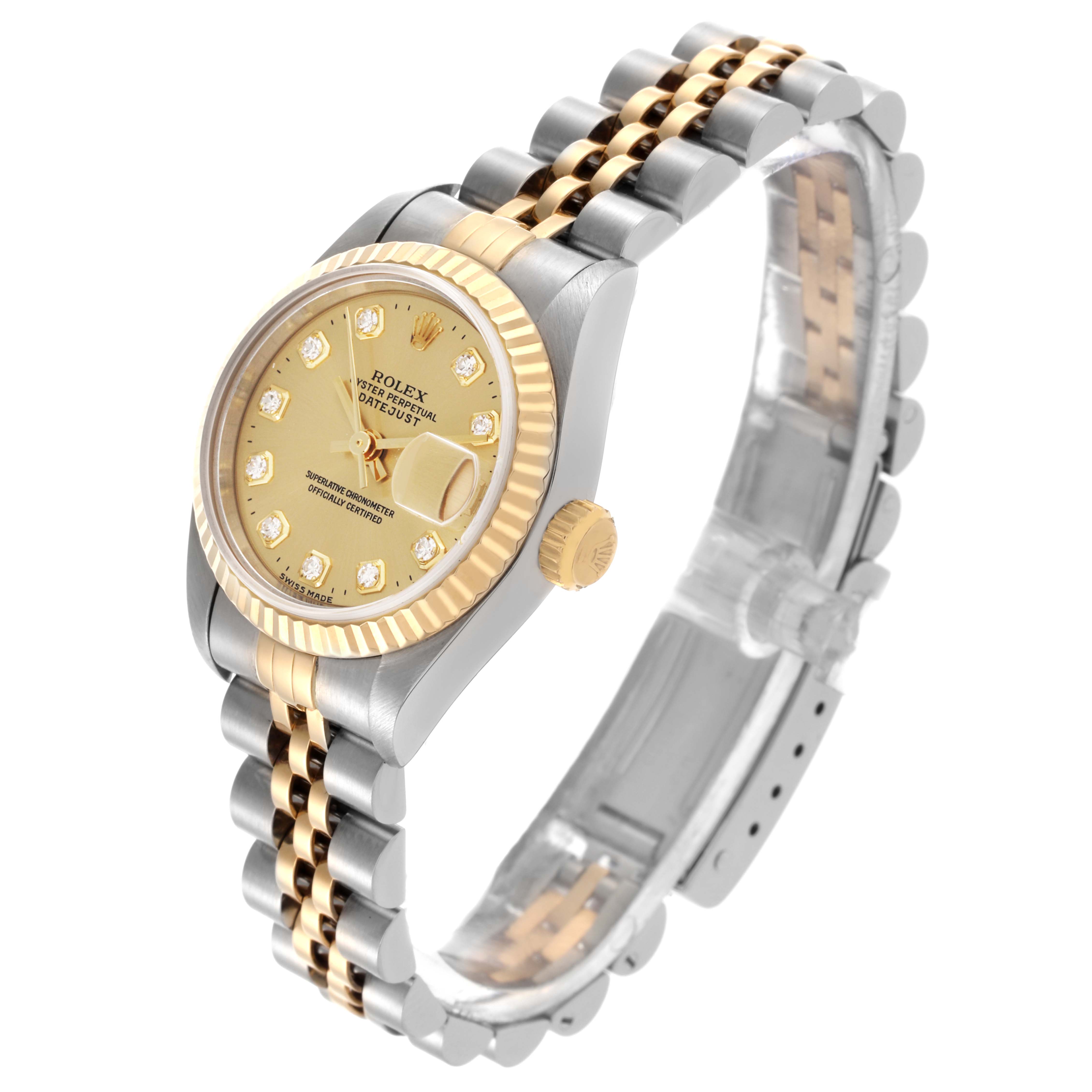 The Rolex Datejust 69173 Women's Steel and Gold (two tone) Champagne Dial 69173 Women's Steel and Gold (two tone) Champagne Dial watch is shown at a three-quarter angle, highlighting the face, bezel, crown, and two-tone bracelet.