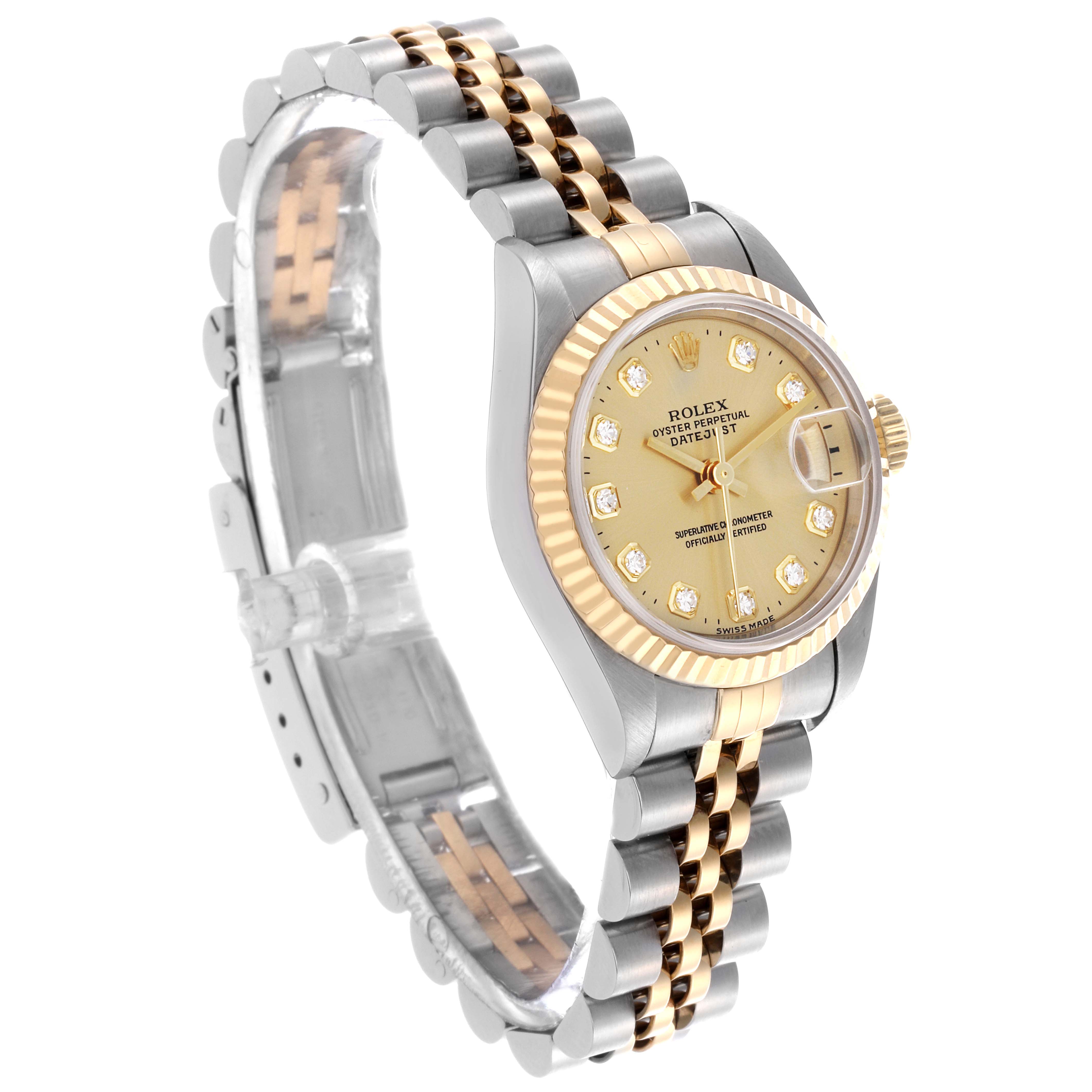 The Rolex Datejust 69173 Women's Steel and Gold (two tone) Champagne Dial 69173 Women's Steel and Gold (two tone) Champagne Dial watch is shown in a three-quarter view, featuring the dial, bezel, and jubilee bracelet.