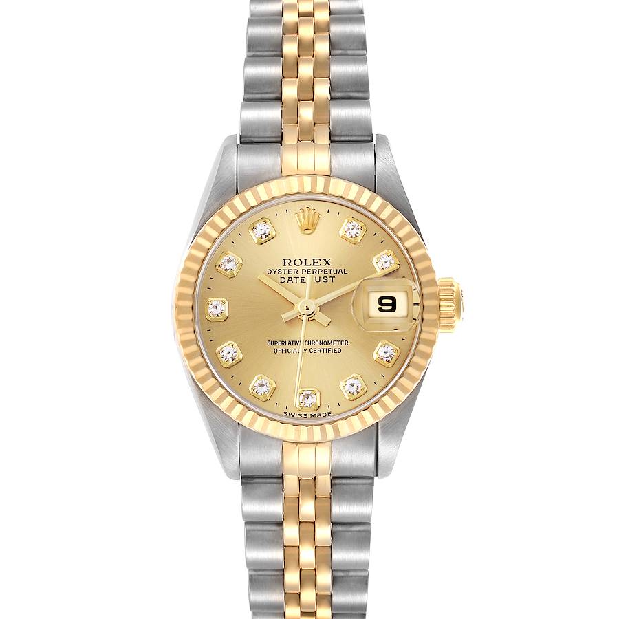 The Rolex Datejust watch is shown from a front angle, displaying its champagne dial, diamond hour markers, and two-tone bracelet.