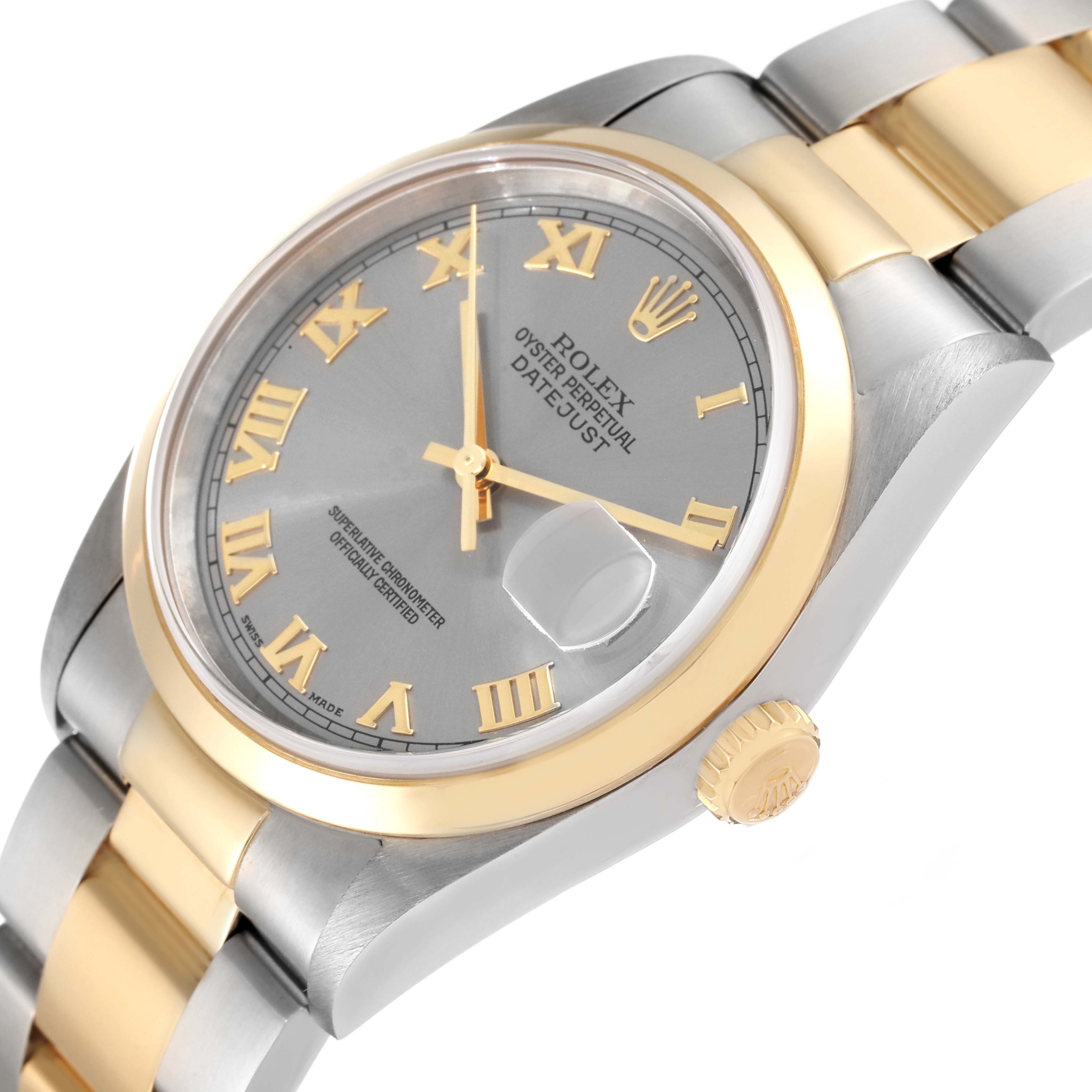 The image shows a side-angle view of a Rolex Datejust 16203 Men's Steel and Gold (two tone) Grey Dial 16203 Men's Steel and Gold (two tone) Grey Dial, displaying the dial, case, bezel, crown, and part of the bracelet.