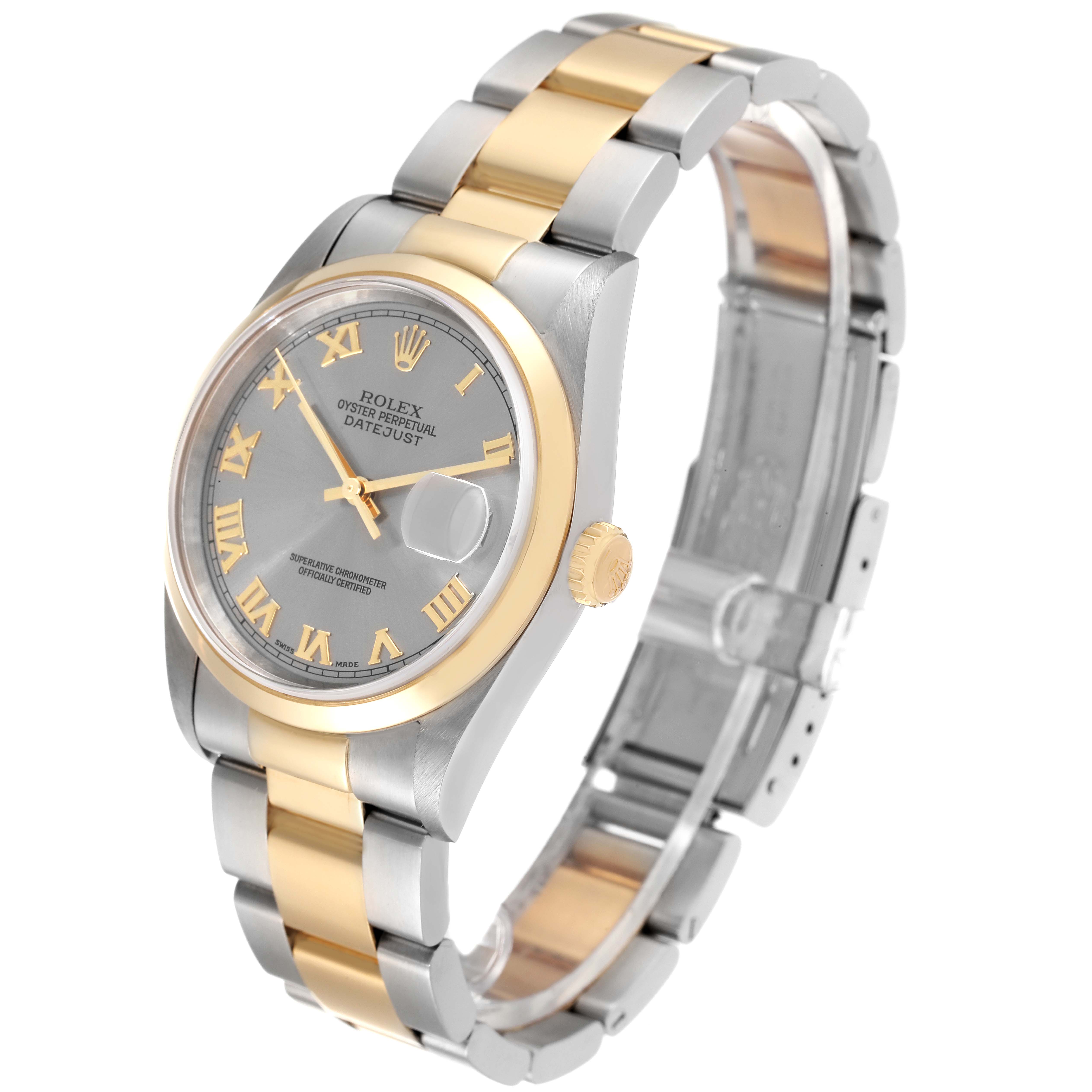 The Rolex Datejust 16203 Men's Steel and Gold (two tone) Grey Dial 16203 Men's Steel and Gold (two tone) Grey Dial watch is shown at a three-quarter angle, displaying its face, bezel, crown, and bracelet.