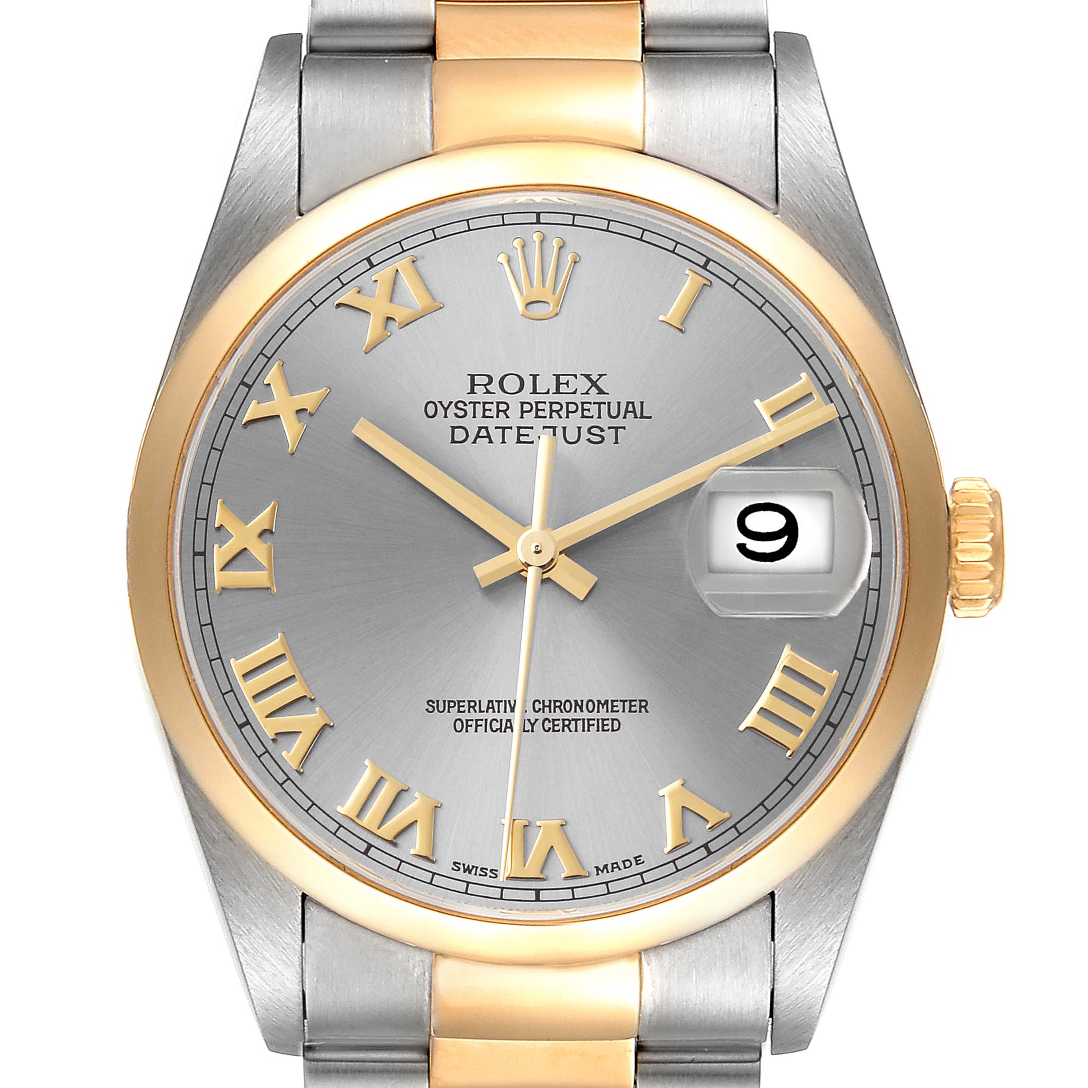 This image shows a front-facing view of the Rolex Datejust 16203 Men's Steel and Gold (two tone) Grey Dial 16203 Men's Steel and Gold (two tone) Grey Dial watch, highlighting the dial, hands, bezel, and part of the bracelet.