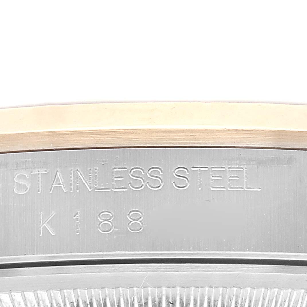 The image shows a close-up view of the stainless steel case back with engravings on a Rolex Datejust 16203 Men's Steel and Gold (two tone) Grey Dial 16203 Men's Steel and Gold (two tone) Grey Dial watch.