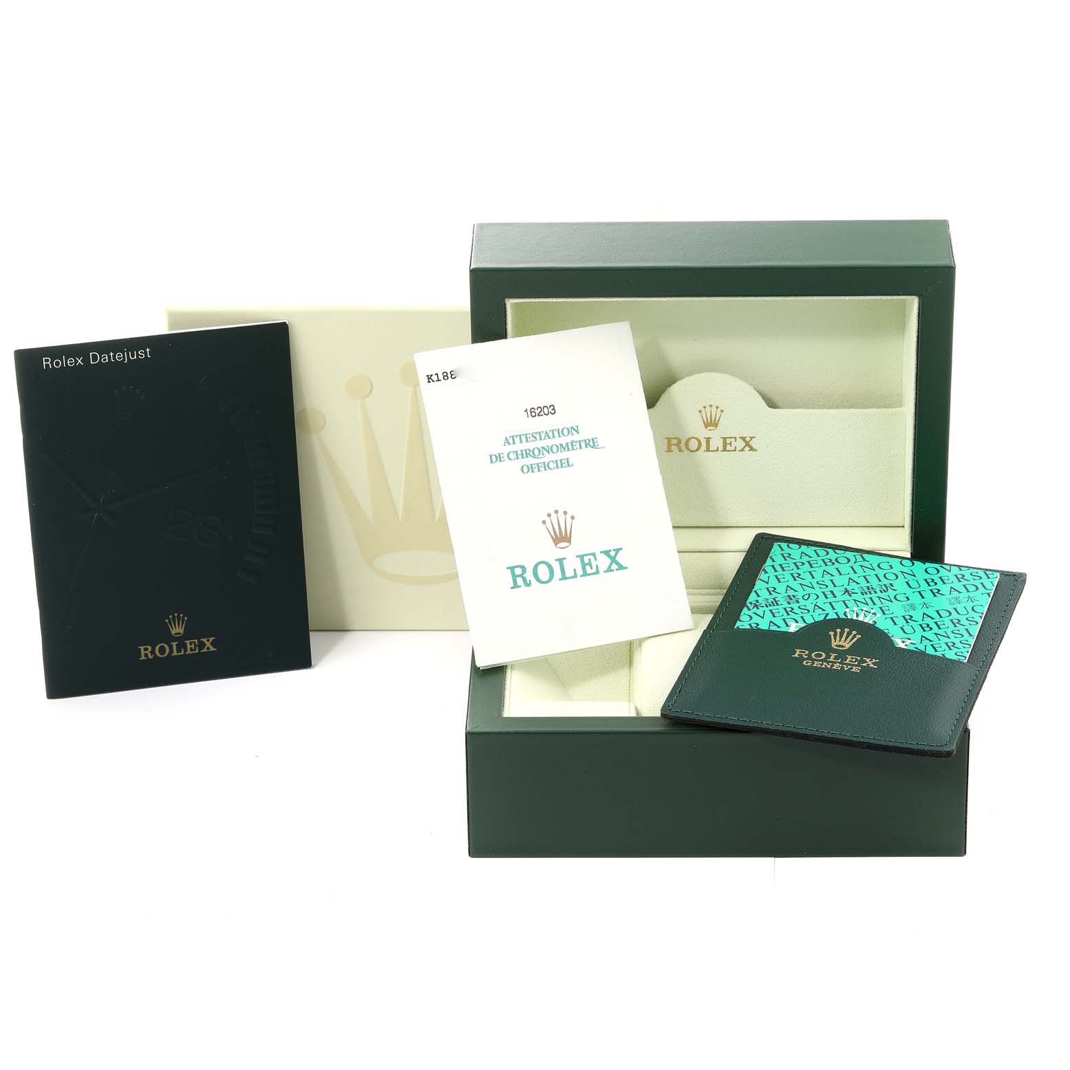 The image shows accessories for the Rolex Datejust 16203 Men's Steel and Gold (two tone) Grey Dial 16203 Men's Steel and Gold (two tone) Grey Dial, including booklets, a green box, and a warranty card holder.