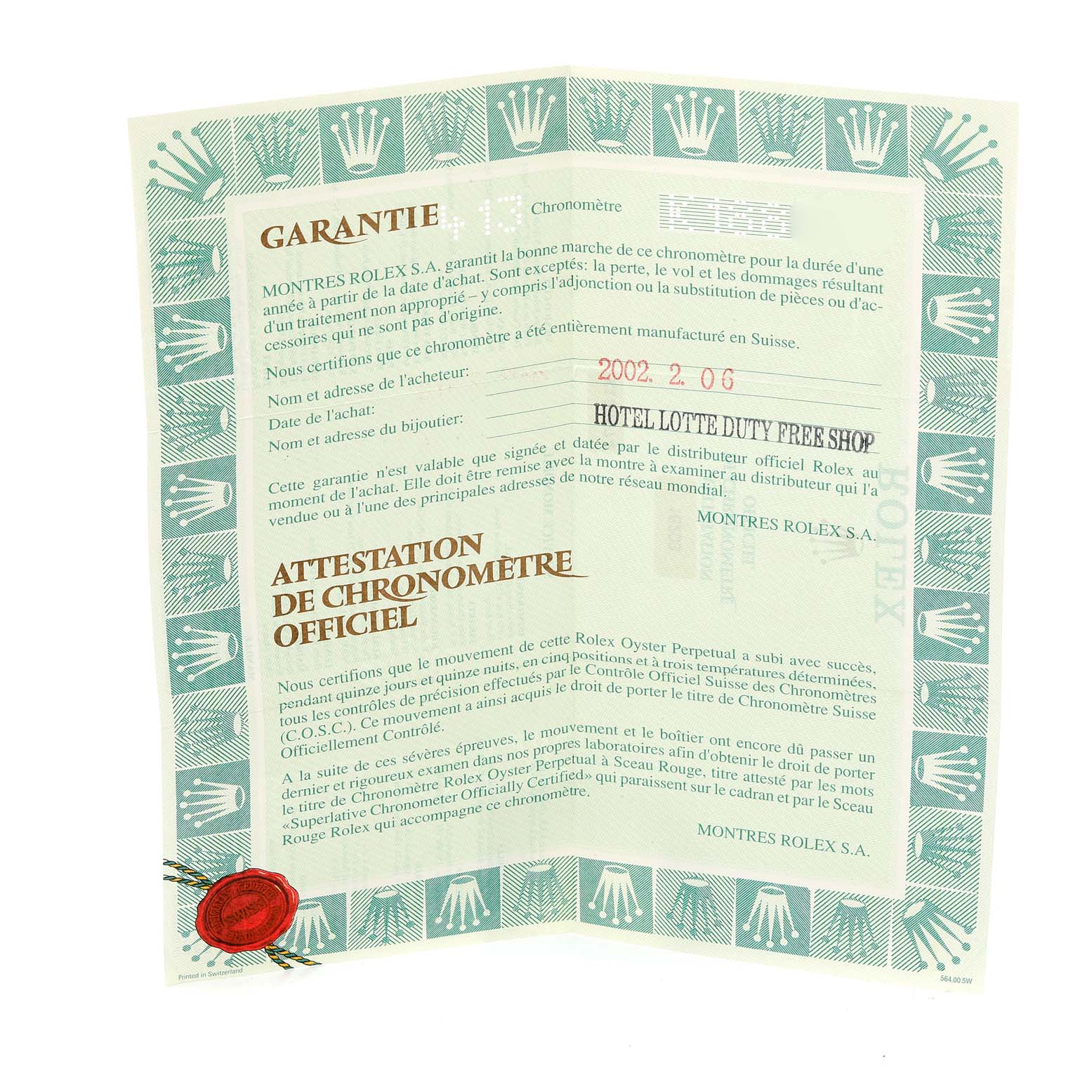 This image shows the warranty and certification papers for a Rolex Datejust 16203 Men's Steel and Gold (two tone) Grey Dial 16203 Men's Steel and Gold (two tone) Grey Dial watch.