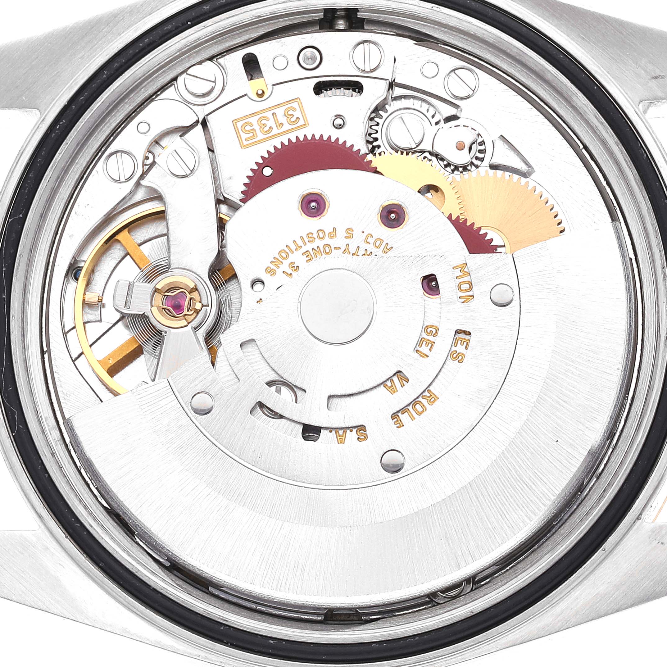 This image shows the internal movement and components of a Rolex Datejust 16203 Men's Steel and Gold (two tone) Grey Dial 16203 Men's Steel and Gold (two tone) Grey Dial watch from a back angle.